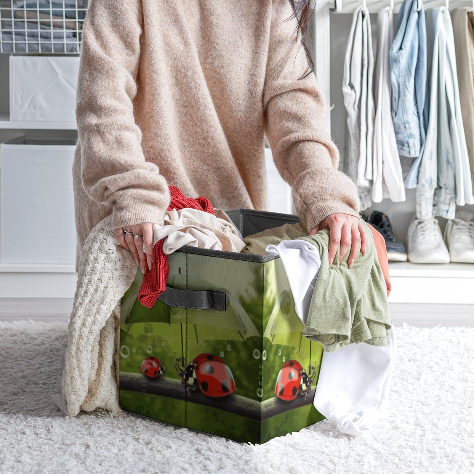 Funny Ladybug Storage Box with Umbrella Handle - Foldable Clothes Organizer for Cabinet, Shelf & Closet | Perfect for Kids' Room, Nursery & Seasonal Clothing Storage