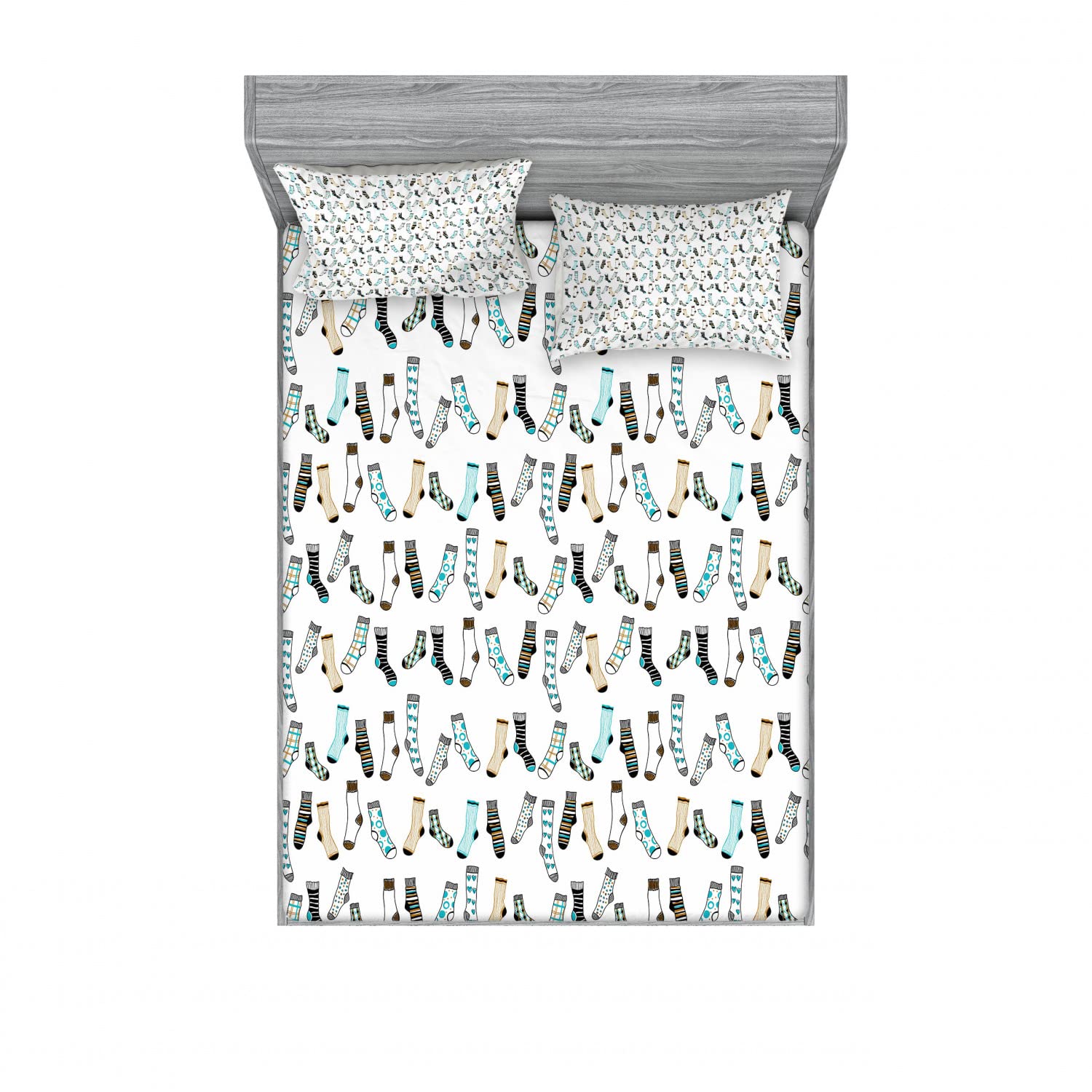 Ambesonne Cartoon 2-Pack Queen Size Fitted Sheet & Pillow Sham Set - Rain of Socks Laundry Design - 4-Piece Bedding Set (2 Fitted Sheets + 4 Pillow Covers) - Dark Blue & Beige - Soft & Breathable - Perfect for Kids' Rooms, Guest Bedrooms & Themed Decor