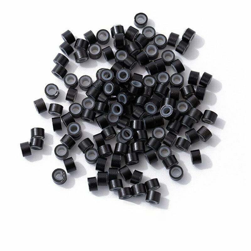 BLUSHIA 100 Black Aluminum Micro Rings with Silicone Beads for Hair Extensions - Secure Feather Hair Extensions for Natural Look (Great for Daily Styling & Special Occasions)