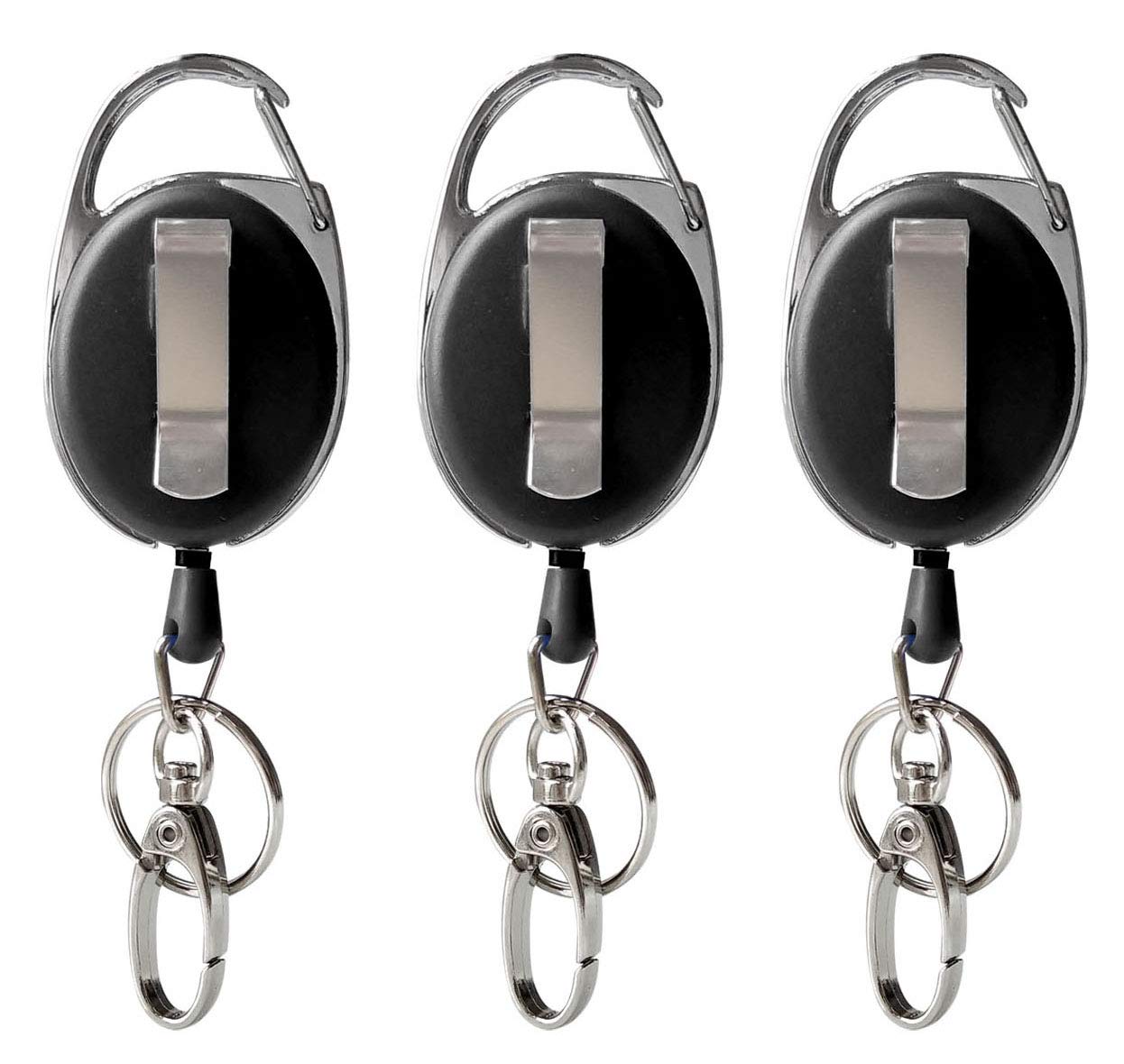 Retractable Badge Reel with Clip & Key Ring - 3 Pack Black ID Badge Holder for Work, Security, Conventions & Events