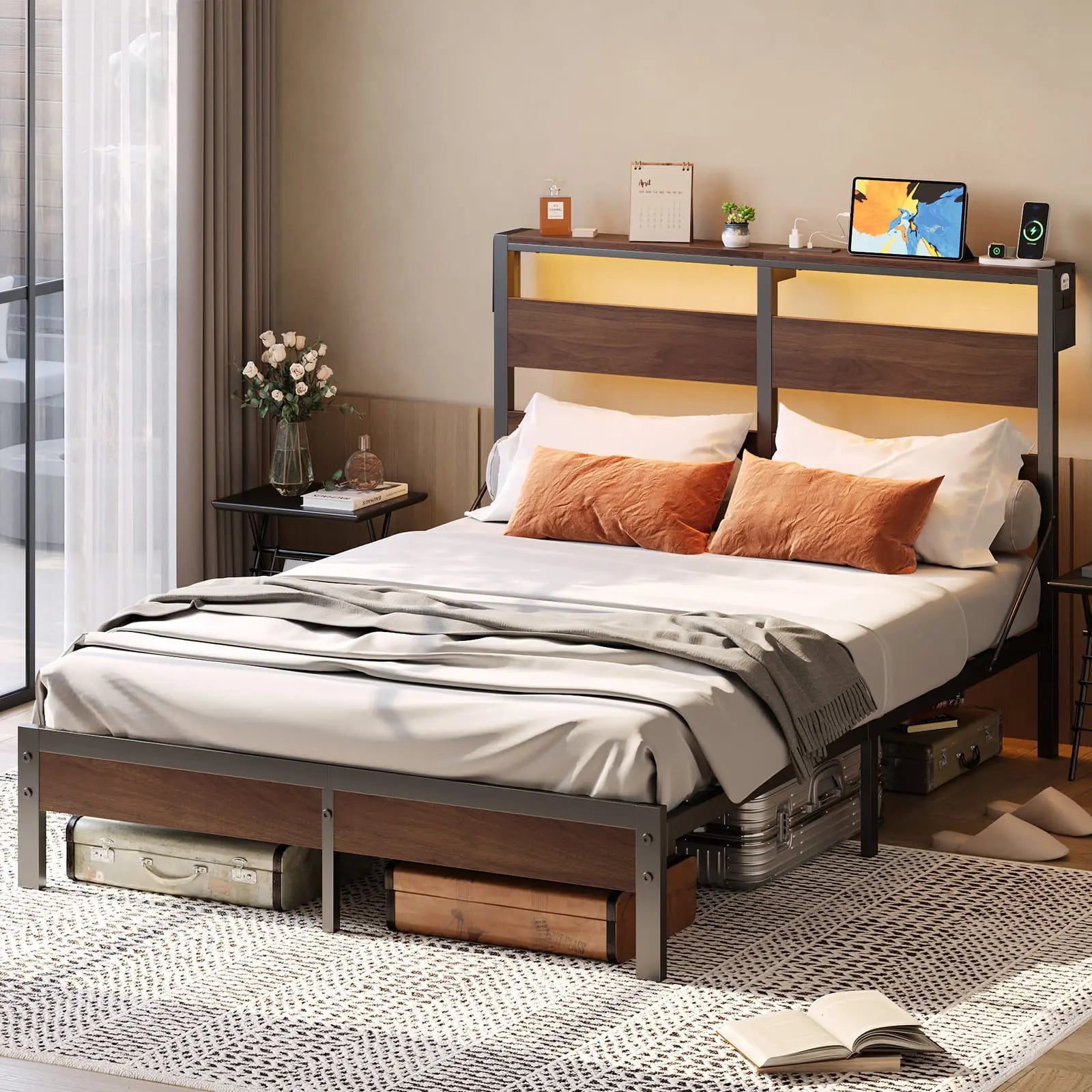 Bestier Queen Bed Frame with Storage Headboard & USB Charging Station - Modern Platform Bed with Underbed Storage for Small Spaces, Bedroom Organization & Phone Charging Convenience