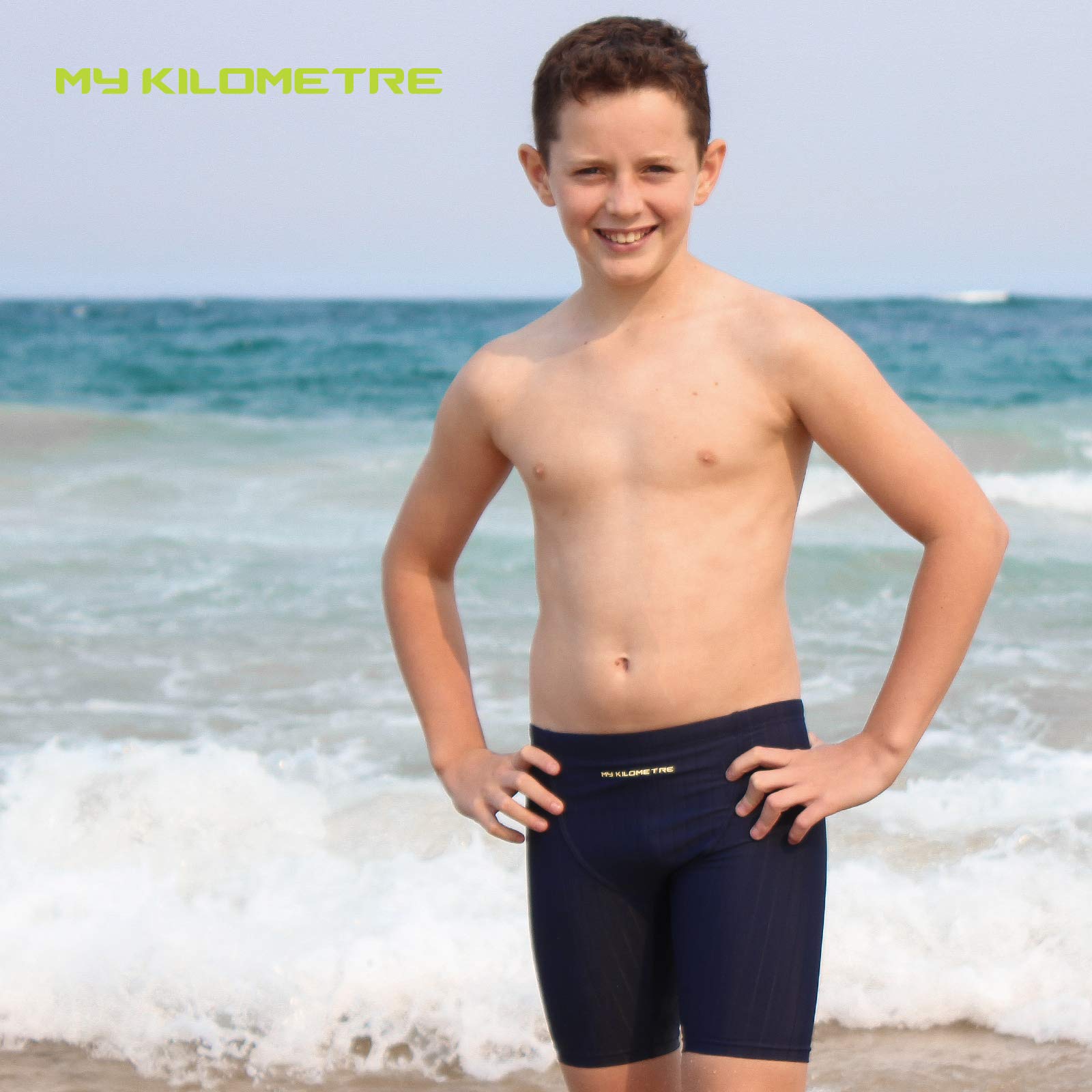 MY KILOMETRE Boys' Swim Shorts with Drawstring - Youth Training Swimwear for Endurance Swimming | Perfect for Swim Practice, Beach & Pool Activities