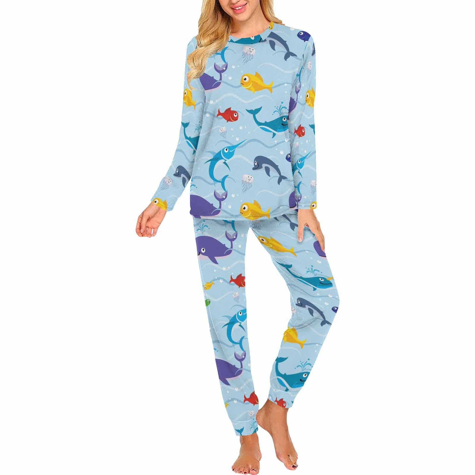 Blue Whale Print Women's Pajama Set - 2 Piece Long Sleeve Lounge Wear with Sea Life Design | Cozy Sleepwear & Loungewear for Home Relaxation