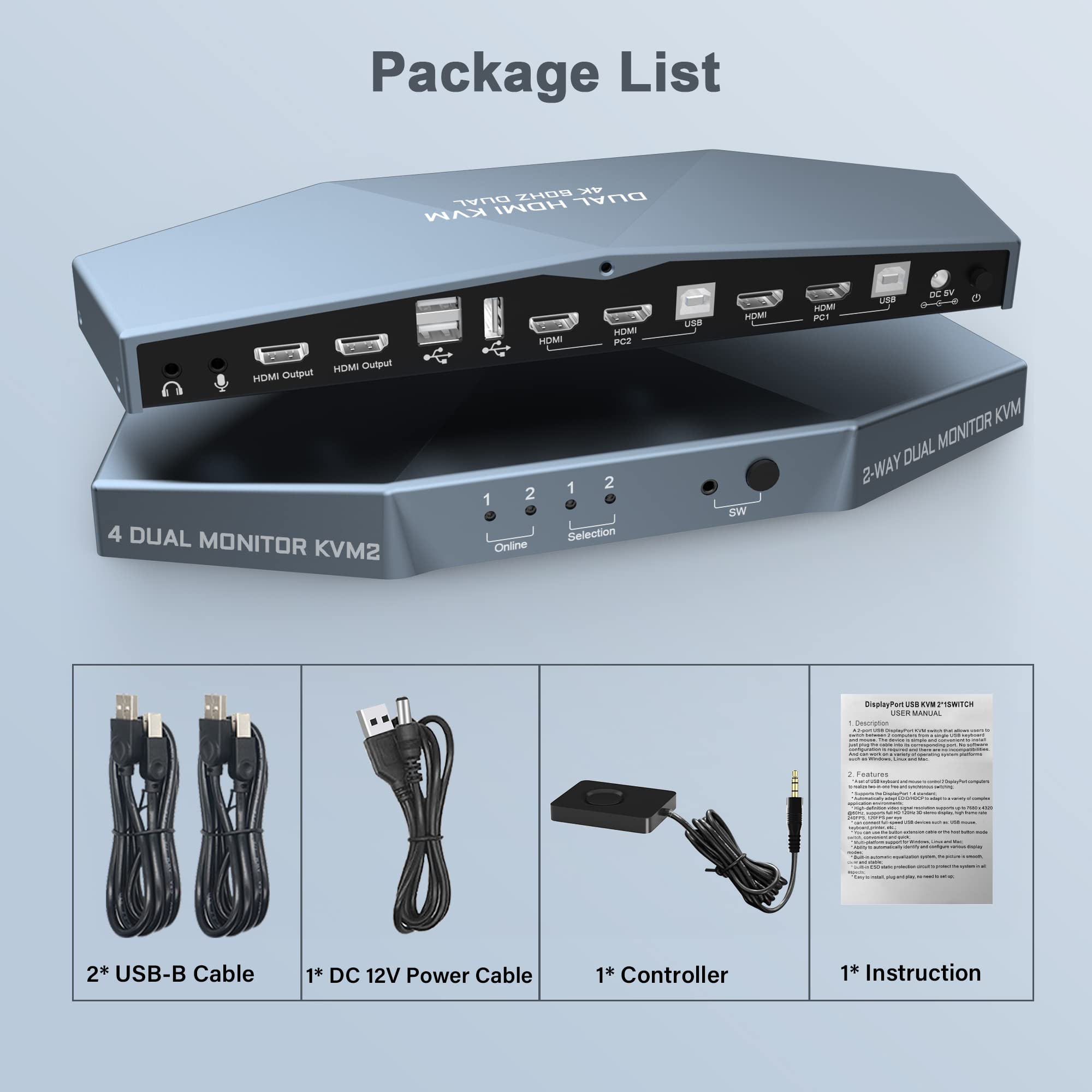 2-Port Dual Monitor KVM Switch 4K@60Hz HDMI 4x2 - HDCP 2.2 Compatible for 2 Computers & 2 Displays | Perfect for Home Office, Gaming Setup & Multi-Tasking Workspaces