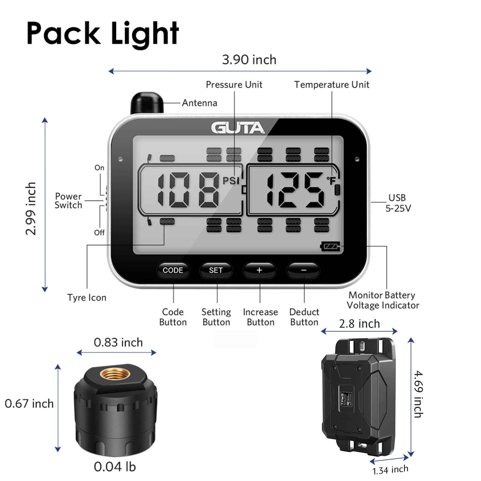 GUTA RV Tire Pressure Monitoring System (TPMS) - 12 Sensors with 7 Alarm Modes | 14-Day Battery Life | 80ft Range | Large Screen Display | 0-188psi Range | for RV, Trailer, Motorhome & Fifth Wheel | Monitor Tire Safety on Road Trips & Long Hauls