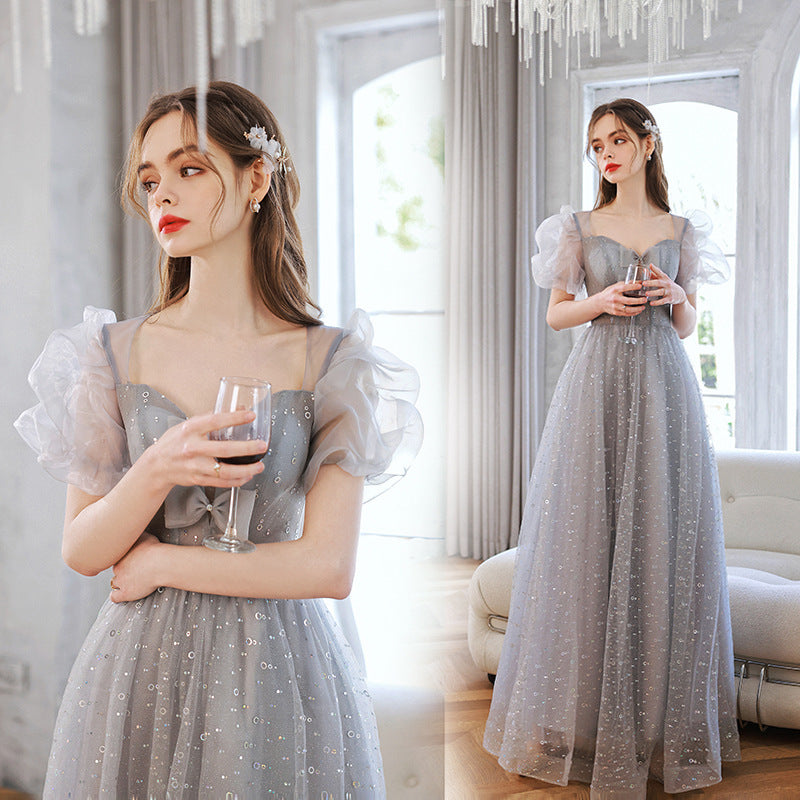Elegant Gray Puff Sleeves Long Prom Dress - A-Line Tulle Formal Evening Gown for Women - Perfect for Homecoming, Wedding Guest, and Special Occasions