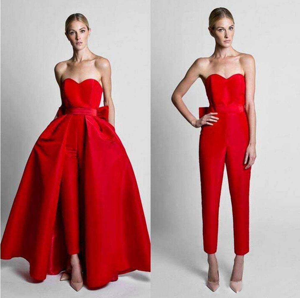 Emanni Women's Strapless Jumpsuit Wedding Dress with Detachable Skirt - Elegant Bridal Gown for Bride & Bridesmaids - Perfect for Wedding Ceremony, Reception & Formal Events (Wine Red)