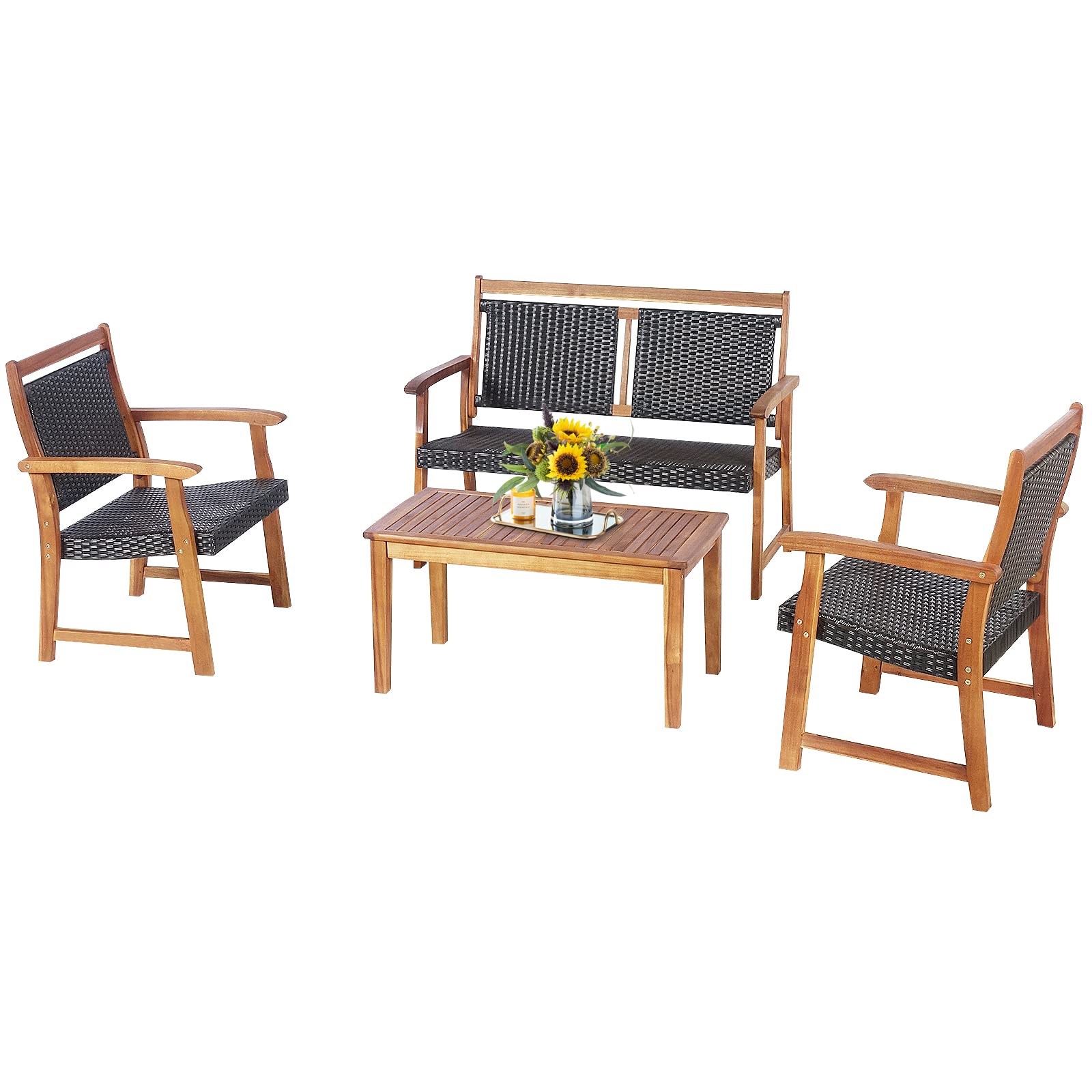 Tangkula 4-Piece Outdoor Patio Furniture Set - Rattan Wicker Conversation Set with Acacia Wood Frame, Waterproof Sectional Sofa with Chairs & Coffee Table for Garden, Backyard, Poolside, Deck or Patio - Perfect for Relaxing, Entertaining and Outdoor Gatherings