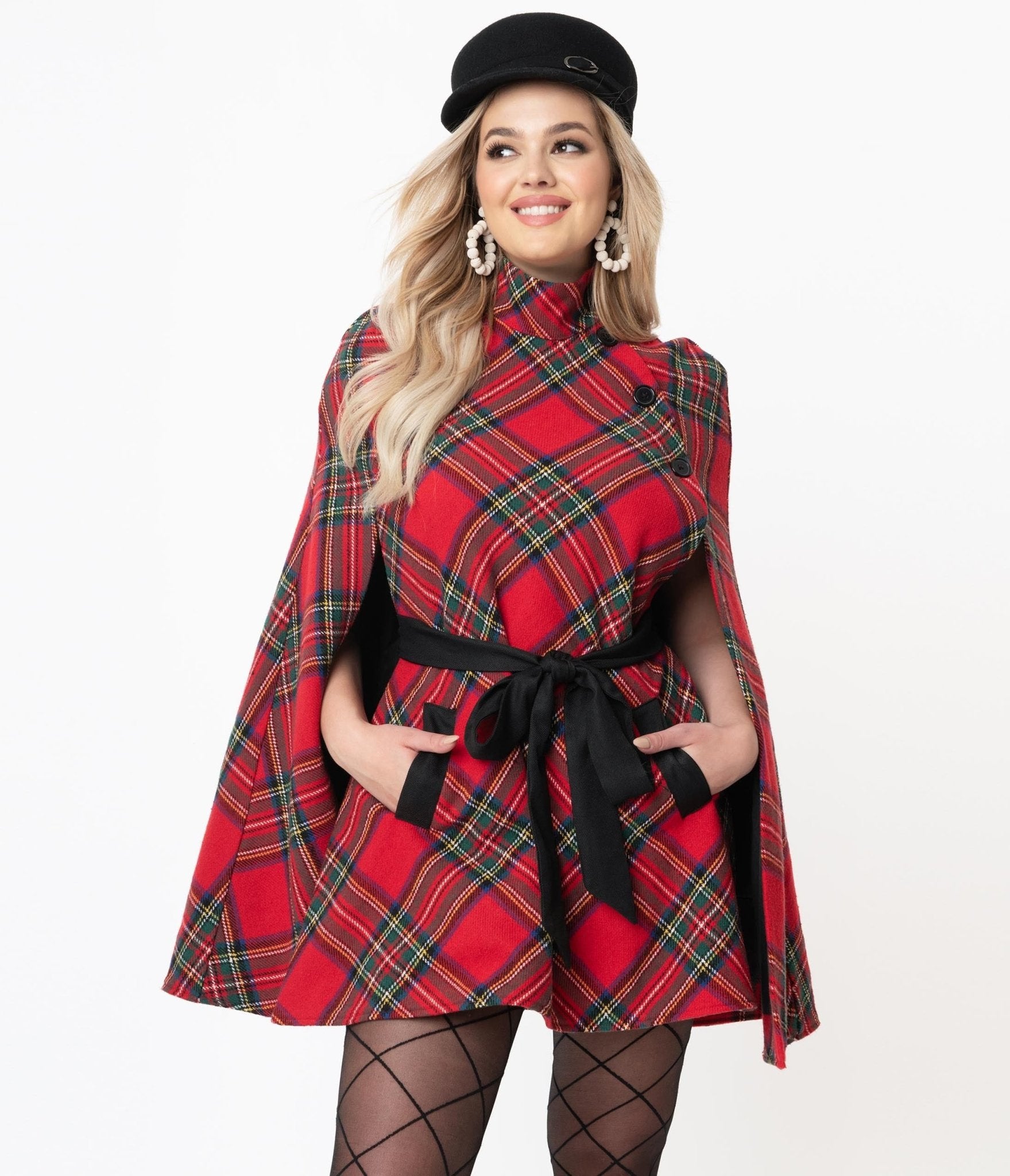 Stylish Smak Parlour Red Plaid Savile Row Cape Coat - Vintage-Inspired Wool Blend Outerwear for Women | Perfect for Fall, Winter & Holiday Parties