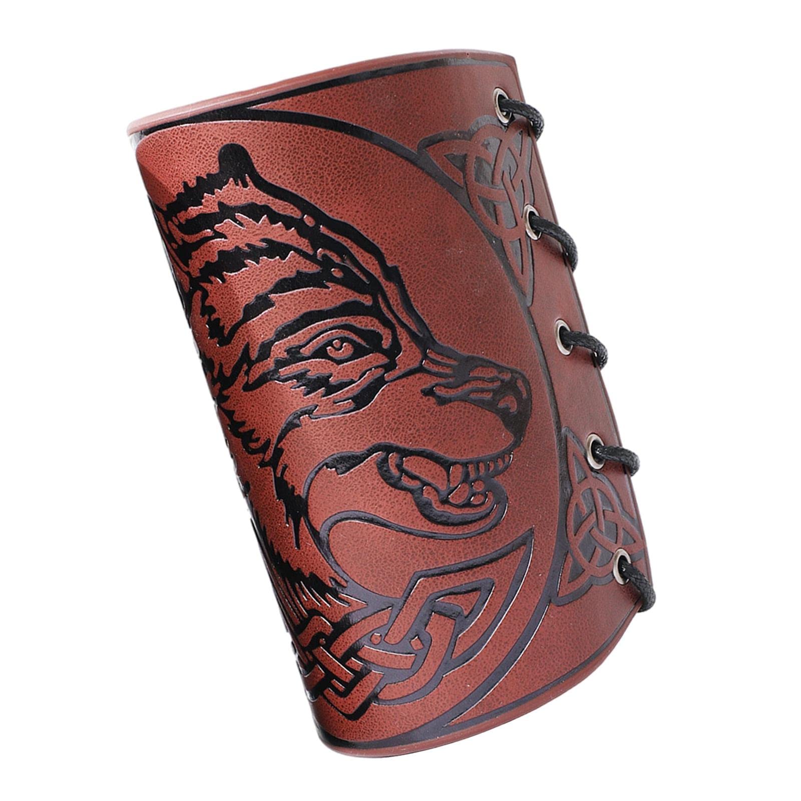 Colaxi Viking Bracers - Leather Arm Cuffs with Wolf Design, Medieval Wrist Guards for Women (Brown) - Perfect for Cosplay, LARP, Renaissance Fairs & Viking Costume Accessories