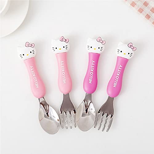 **CherryBox Pink Kitty Stainless Steel Kids Spoon & Fork Set with Storage Box (Dark Pink) - Perfect for School Lunches, Picnics, and Travel**