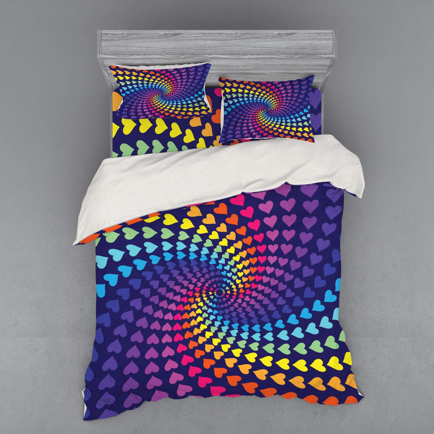 Ambesonne Rainbow Hearts Retro Duvet Cover Set - 4 Piece Queen Size Bedding with Shams & Fitted Sheet, Psychedelic Love Design for Bohemian & Vintage Style Bedrooms - Perfect for Guest Rooms, Master Suites & Cozy Retreats