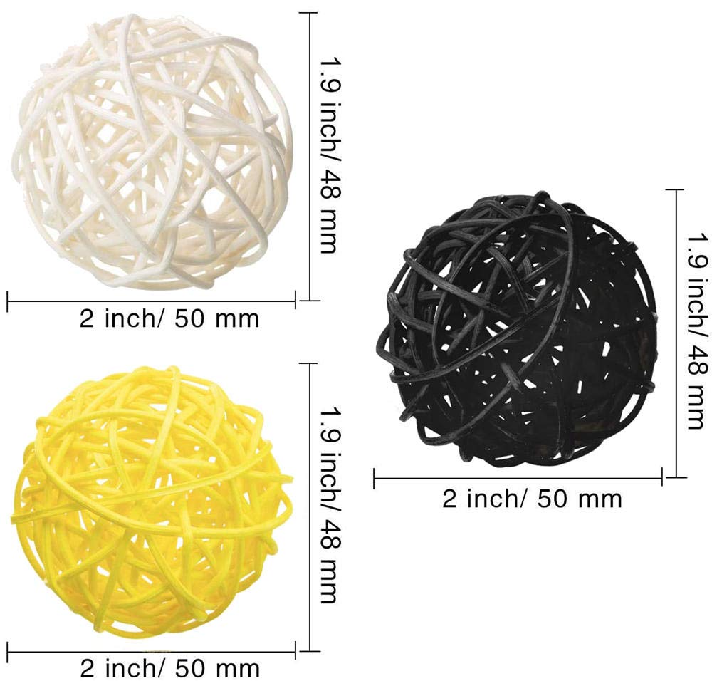 15 Pack Rattan Wicker Balls Decoration - Natural White Yellow Black Woven Balls for Bee Themed Party, Baby Shower, Birthday, Wedding Table Decor (2 Inch) - Perfect for Honeycomb Centerpieces, Bumblebee Nursery Decor, and Rustic Wedding Accents