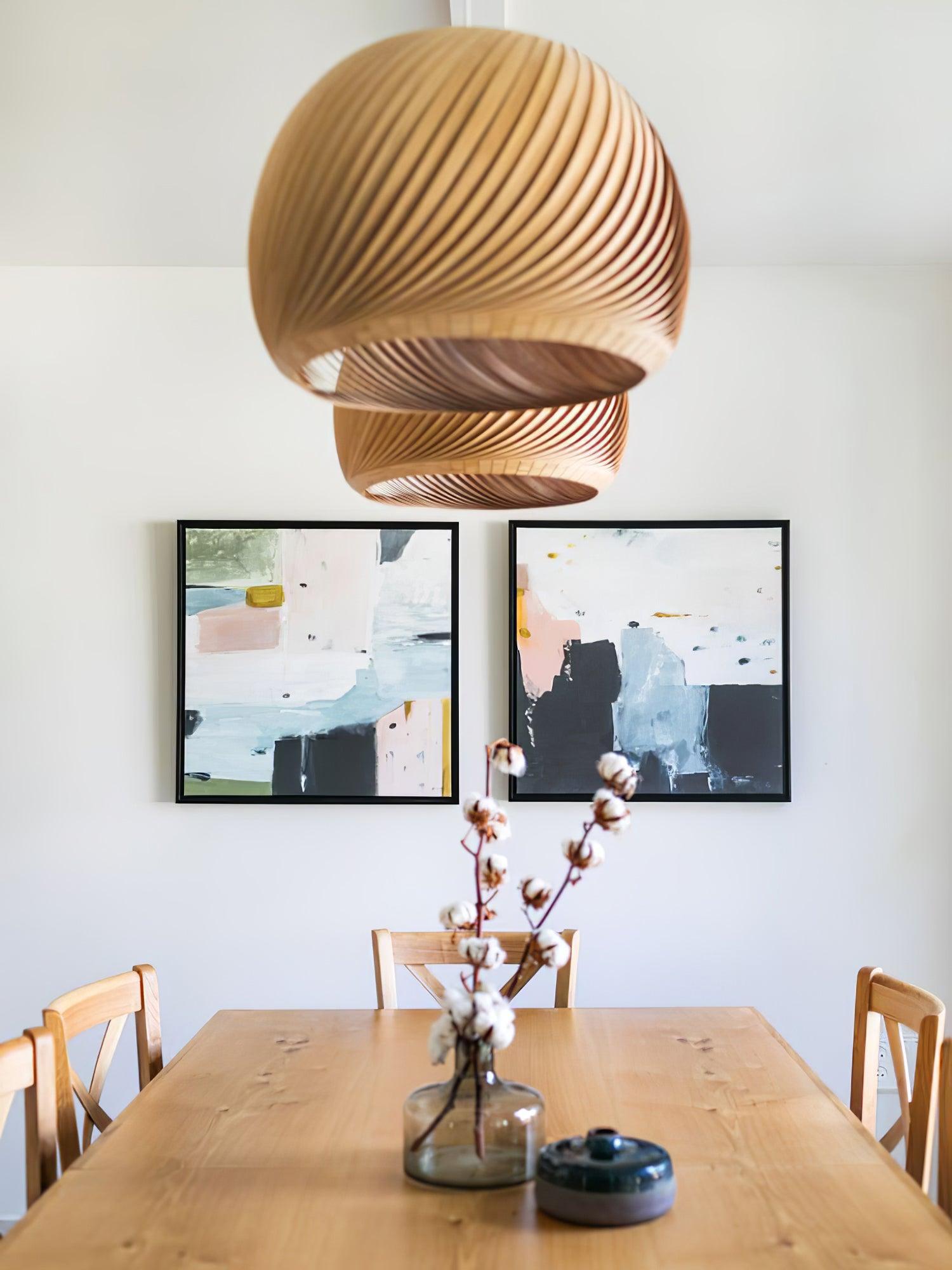 Aurora Whorl Wood Pendant Lamp - Handcrafted Wooden Hanging Light Fixture for Dining Room, Bedroom, or Living Room Decor - Natural Boho Style Ceiling Light for Home and Office
