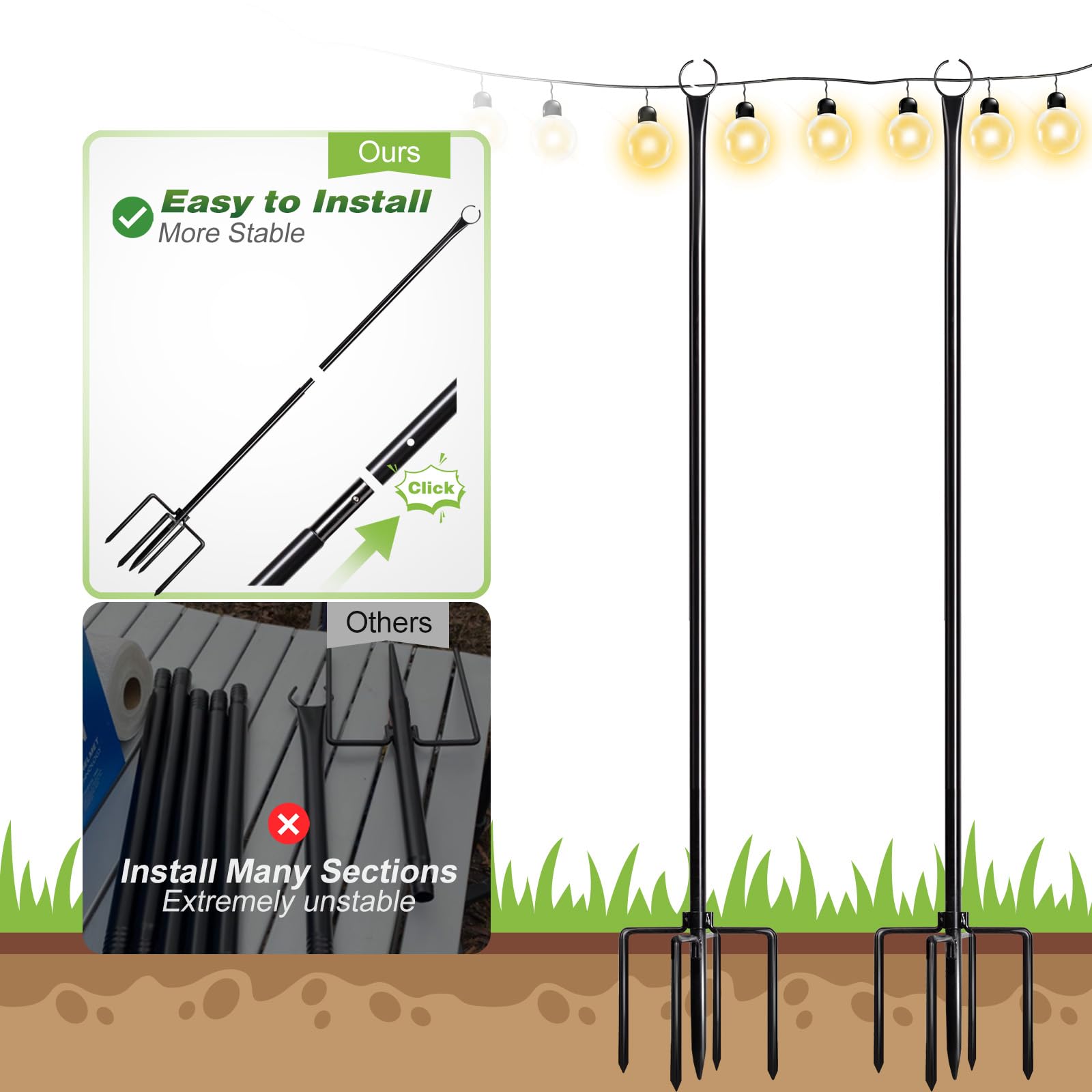 Walensee 4 Pack String Light Poles with Hook - 9.4FT Outdoor Metal Lighting Poles for Hanging String Lights - Garden & Patio Decor - 5-Prong Fork Steel Stand Holder - Perfect for Holidays, Weddings, Easter, Parties & Backyard Gatherings - Create Magical Outdoor Ambiance
