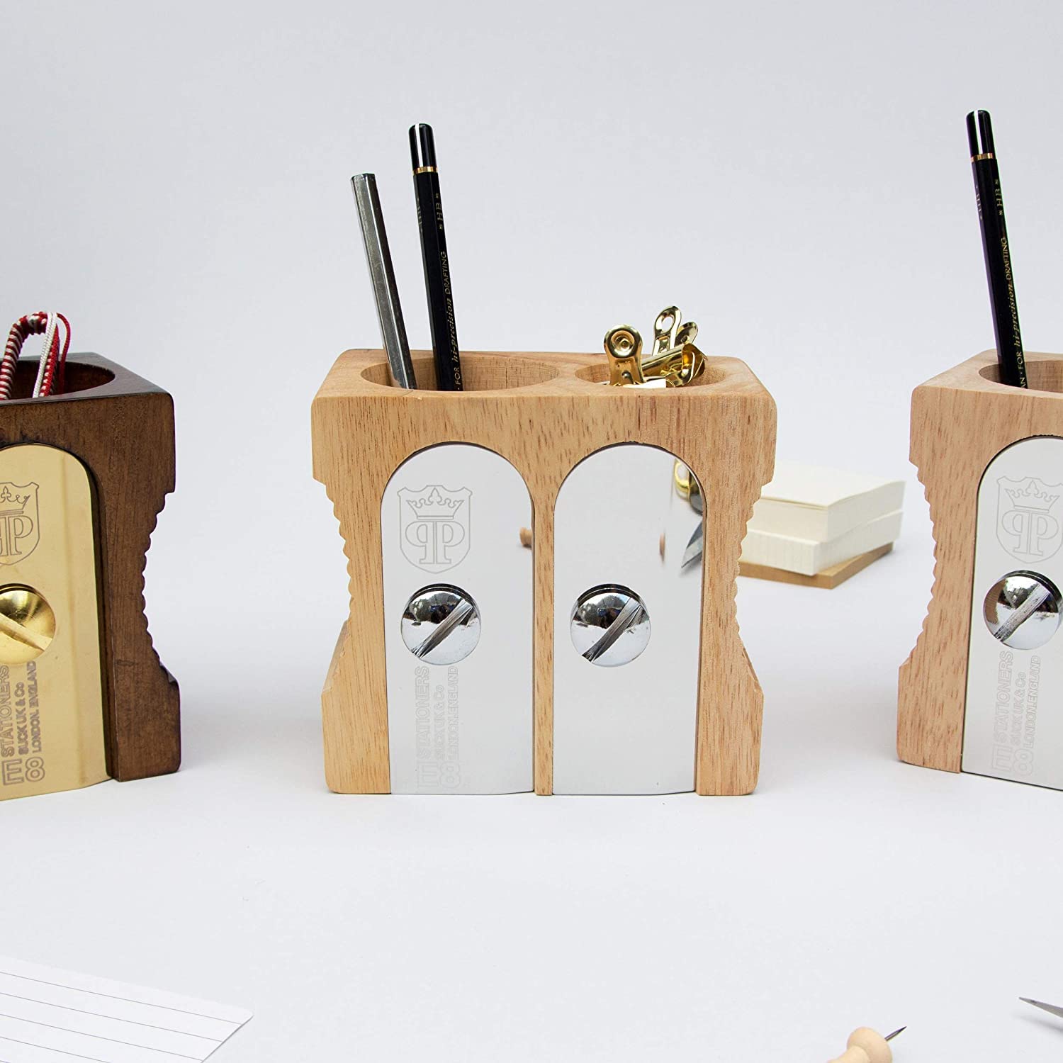 SUCK UK Wooden Pen Holder & Pencil Sharpener - Desk Organizer for Office Supplies, Stationery Storage with Decorative Design - Perfect for Home Office, School Desk & Gift Giving