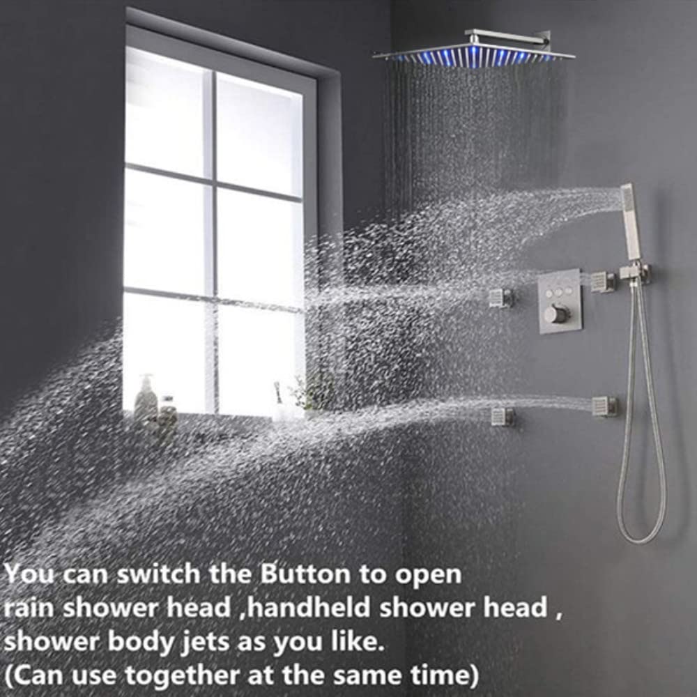 AYIVG Brushed Nickel Thermostatic Shower System - 12 Inch LED Rainfall Shower Head with 4 Body Spray Jets, Wall Mount Faucet Set for Simultaneous Multi-Function Use | Perfect for Luxurious Spa-Like Experience in Modern Bathrooms