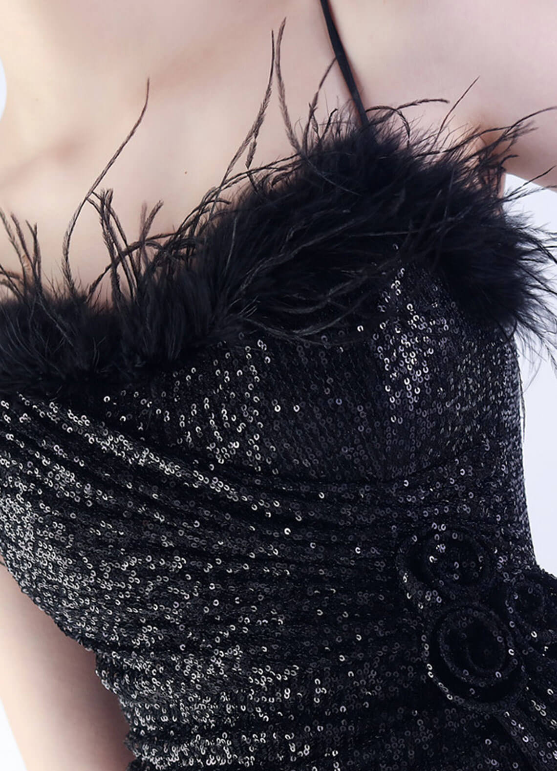 Elegant Black Feather Sequin Maxi Dress with Spaghetti Straps for Prom, Evening Gala & Formal Events | Luxury Long Evening Gown for Women