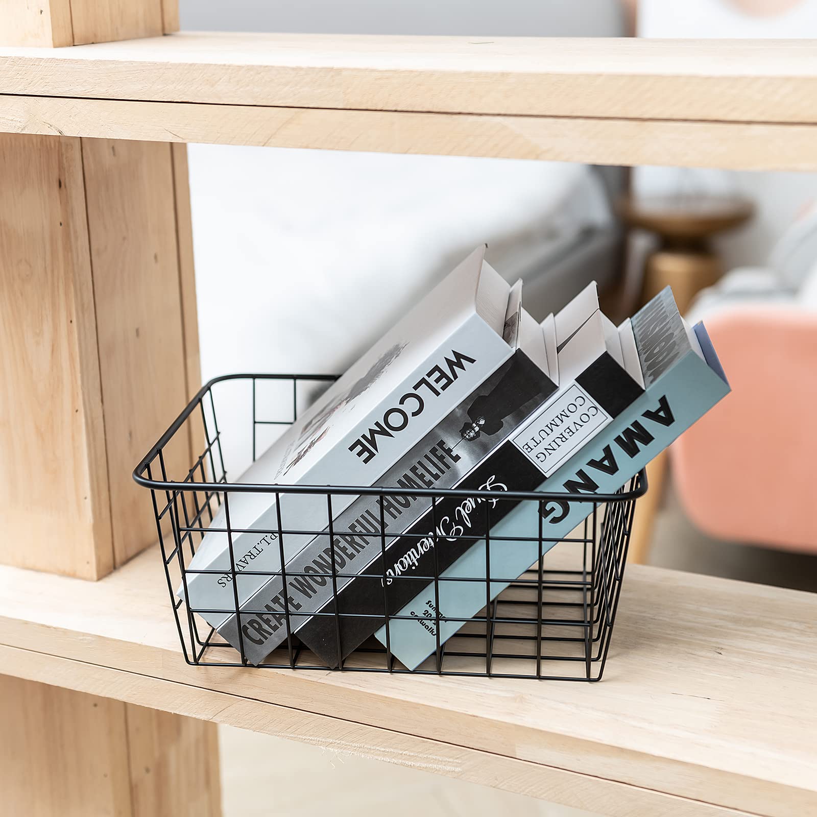5-Pack Black Wire Storage Baskets - Stackable Kitchen & Pantry Organizer, Laundry Basket for Bathroom, Bedroom & Countertop Organization - Perfect for Home, Office & Closet Storage Solutions