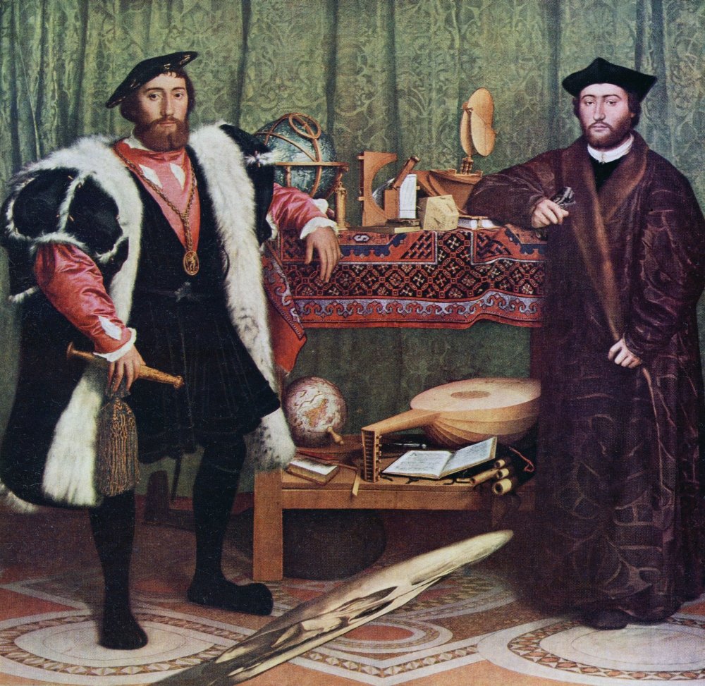 The Ambassadors by Hans Holbein the Younger - Vintage 1934 Odhams Press London Art Reproduction Poster Print (14x14 Inches) - Perfect for Home Decor, Office Wall Art & Renaissance Painting Enthusiasts