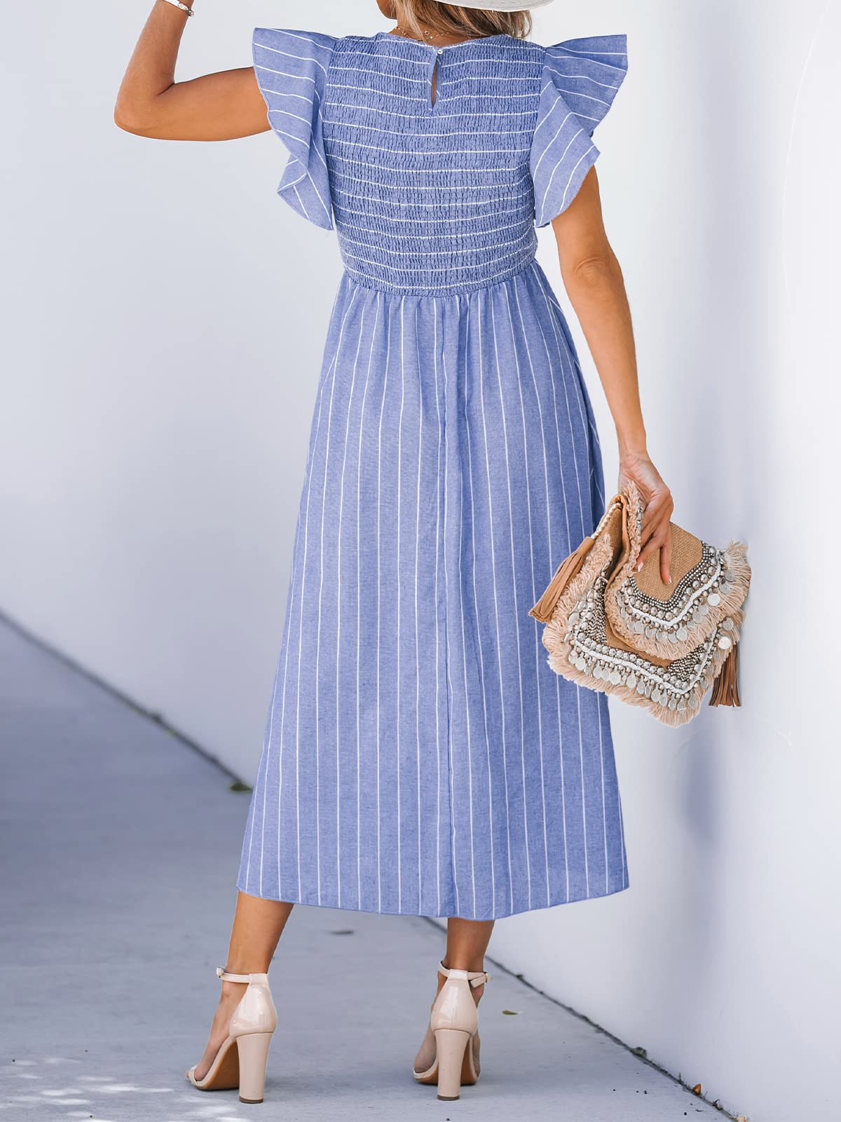 CUPSHE Women's Summer Striped Smocked Maxi Dress with Square Neck & Ruffled Cap Sleeves | A-Line Formal Beach Dress for Vacation, Wedding Guest & Outdoor Events