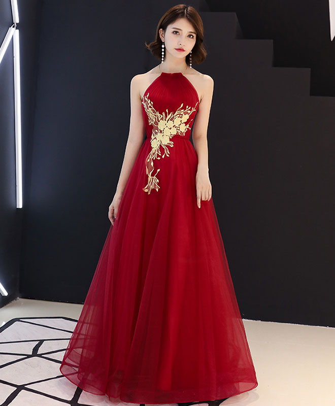 Elegant Burgundy Tulle Lace Long Prom Dress with Flowy Skirt | Formal Evening Gown for Homecoming, Quinceañera & Special Occasions