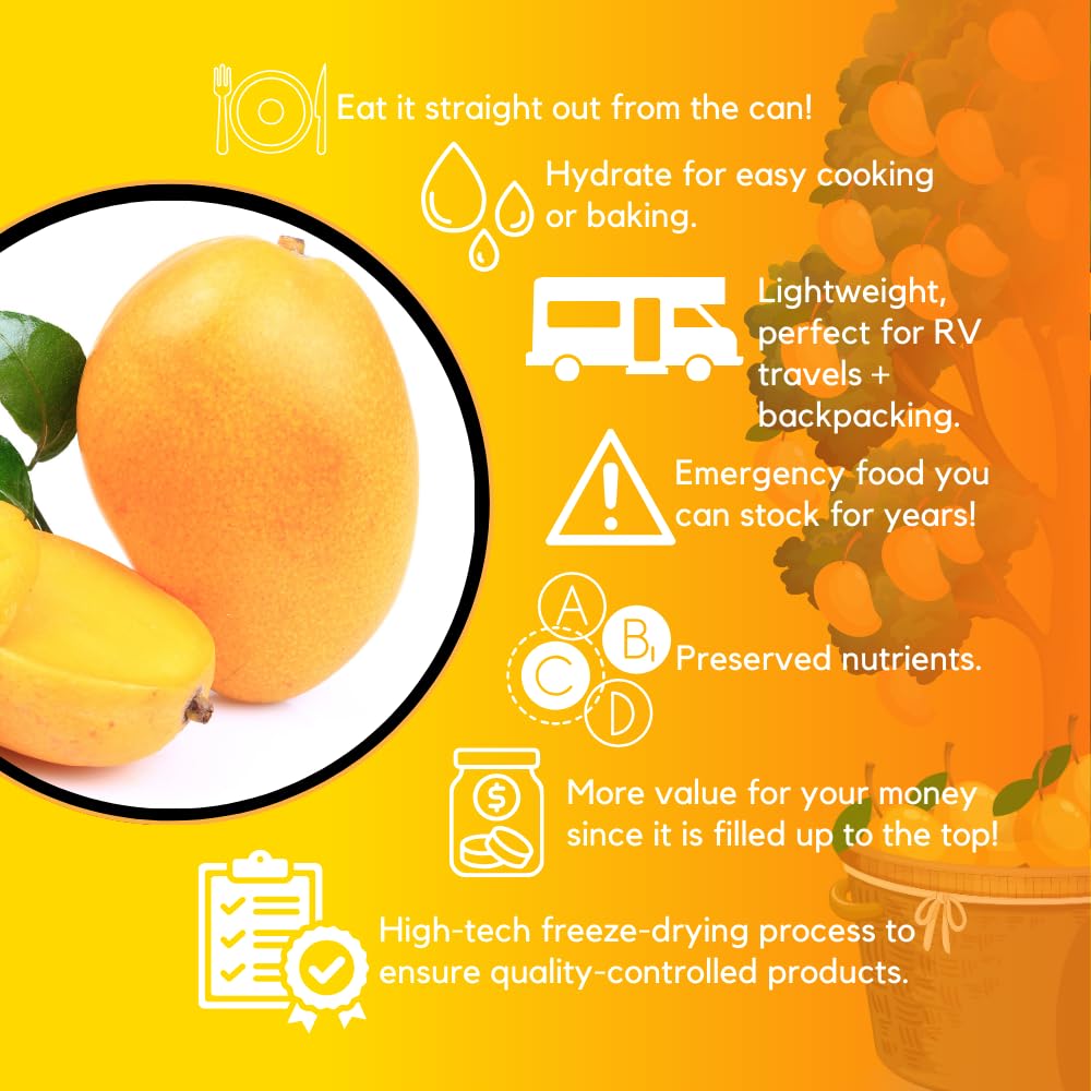 Freeze Dried Mango Slices - Gluten Free, Non-GMO, 25 Year Shelf Life | Emergency Food Supply, Camping & Survival Snacks, Bug Out Bag Essentials | 6 Cans (397g Each) for Long Term Storage & Outdoor Adventures