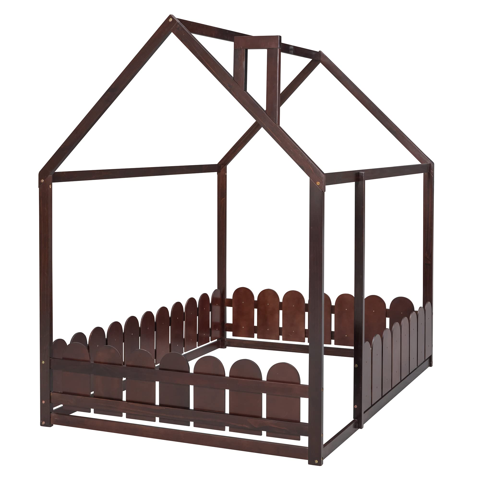 P PURLOVE Full Size Wooden House Bed Frame with Fence-Style Guardrails - No Slats Included - Espresso Finish - Perfect for Kids, Teens, Boys & Girls Bedrooms, Playrooms or Nursery Decor