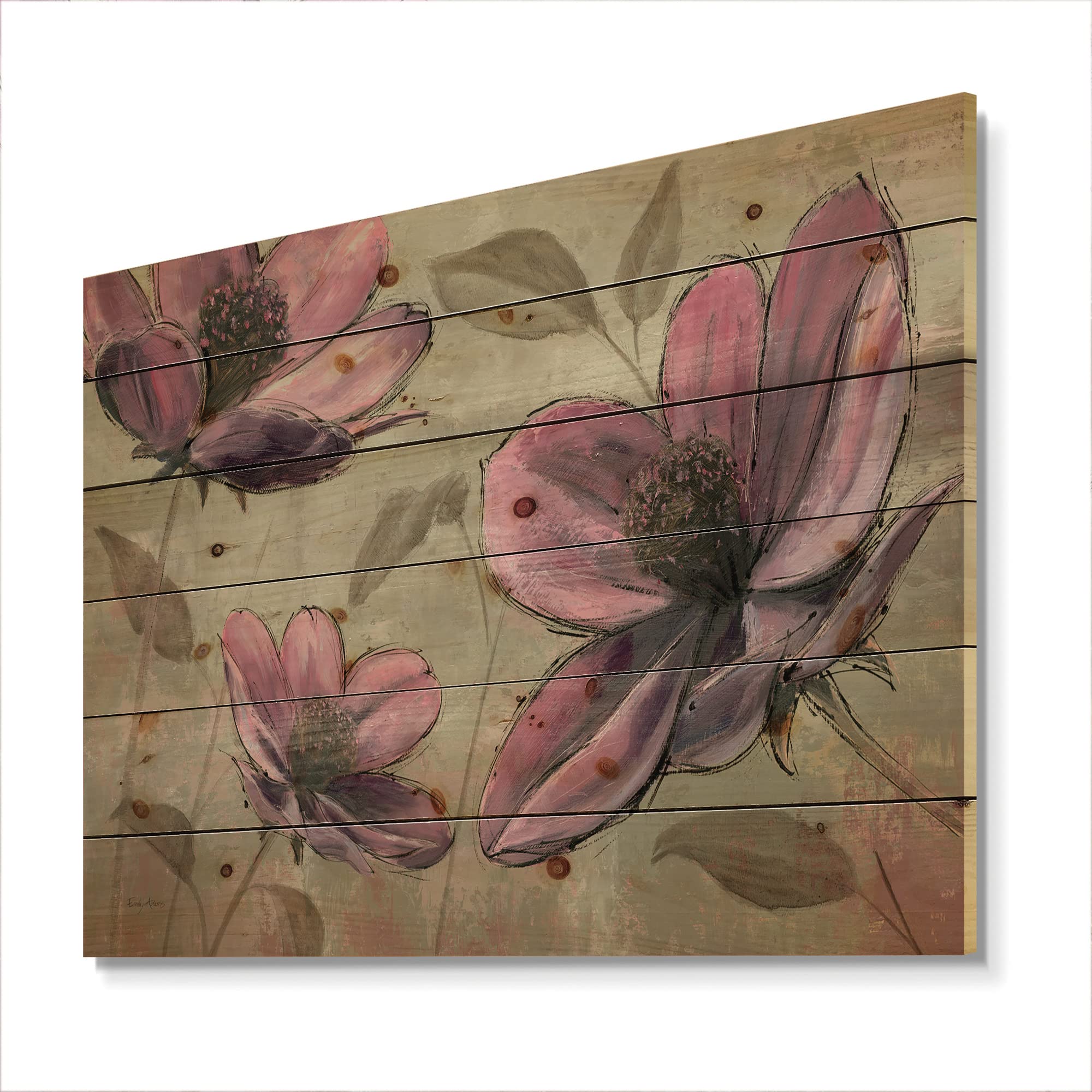 DesignQ Plum Pink Cottage Flowers Traditional Wood Wall Decor - Large Floral Wood Wall Art Panels Printed on Natural Pine | Perfect for Farmhouse, Bedroom & Living Room Wall Decor