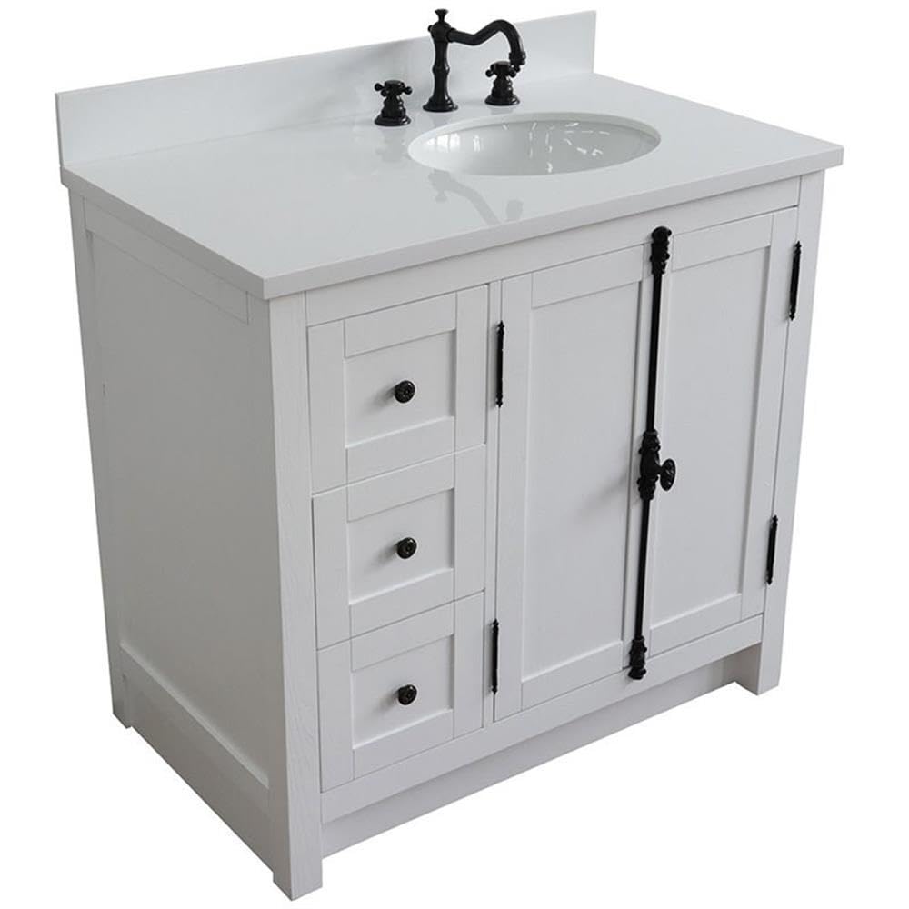 White/Glacier Ash Plantation Solid Wood Bathroom Vanity with Right Oval Sink - Perfect for Modern Farmhouse, Coastal, or Traditional Bathroom Decor
