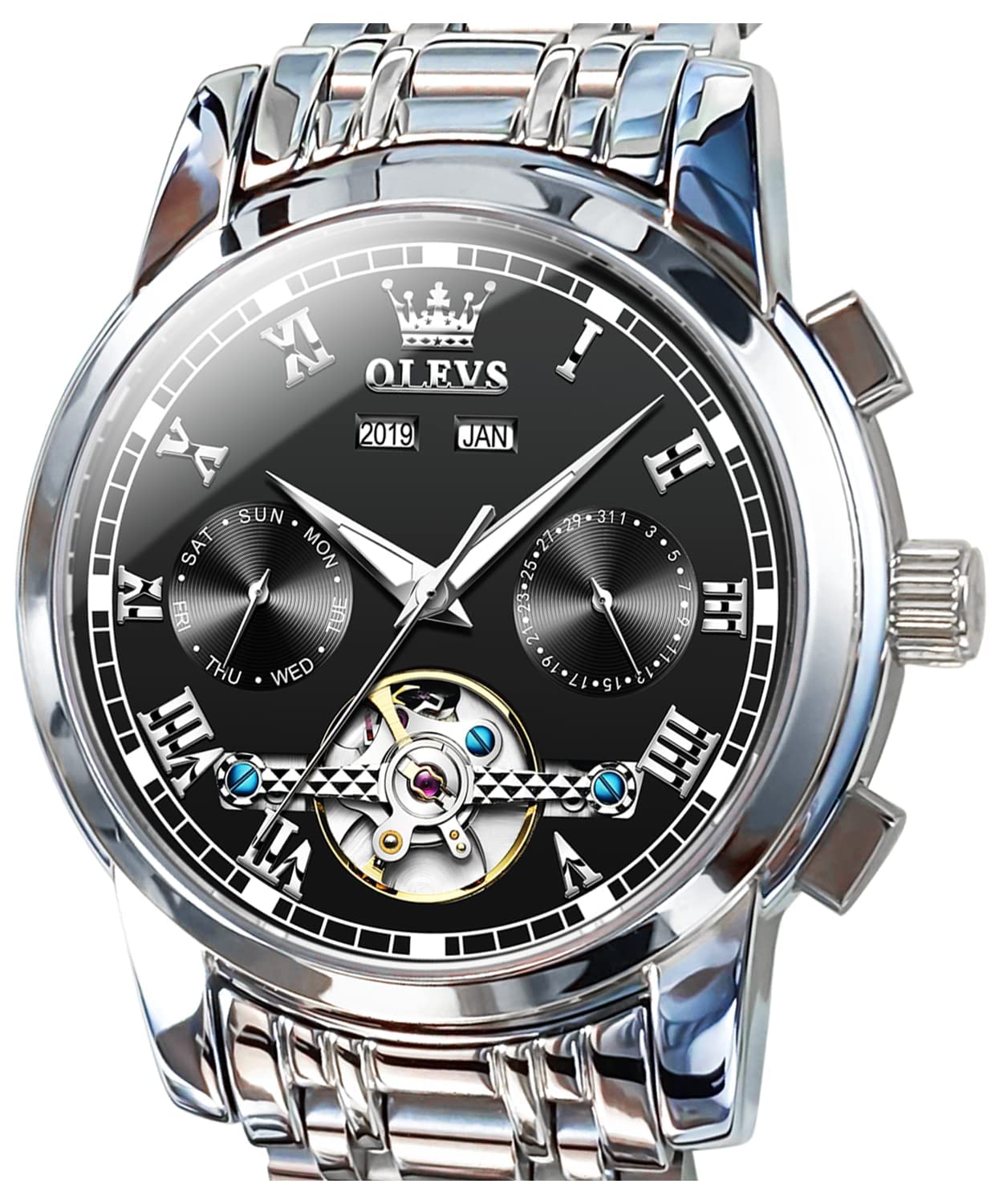 OLEVS Automatic Self-Winding Men's Watch - Stainless Steel Tourbillon Mechanical Watch with Luminous Hands | Waterproof Luxury Dress Watch for Business, Formal & Special Occasions