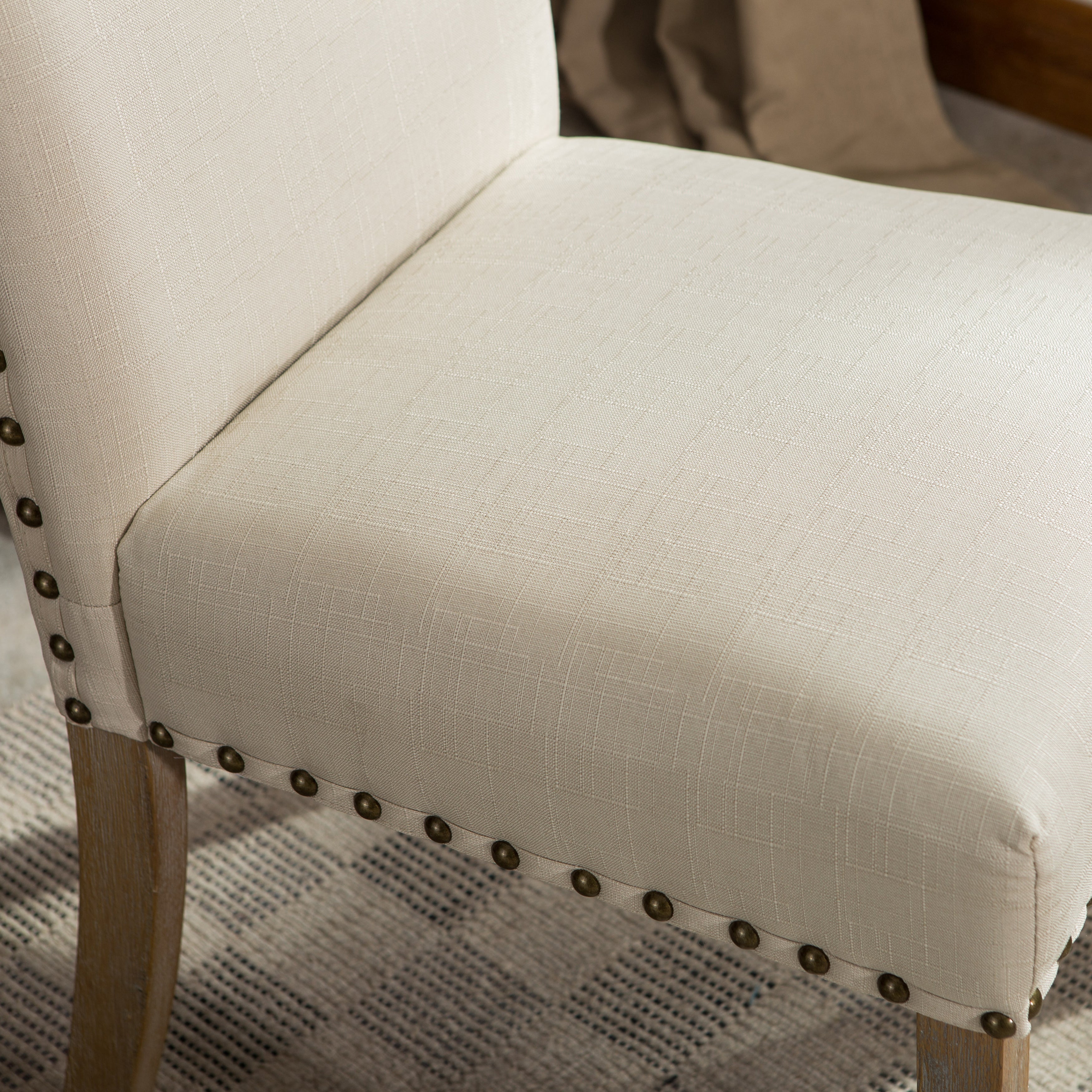 Roundhill Furniture Mod Urban Style Solid Wood Nailhead Fabric Padded Parson Chair, Tan, Set of 2 - Modern Dining Room Chairs for Kitchen, Breakfast Nook, or Home Office