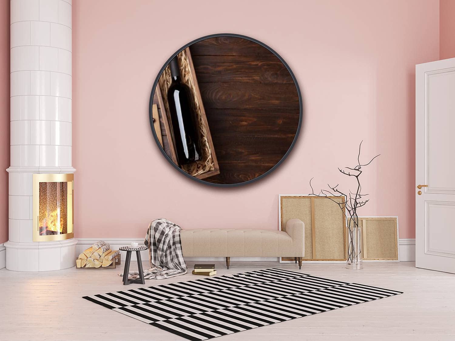 Red Wine Bottle in Box Round Framed Canvas Wall Art - 24 Inch Black Frame Ready to Hang - Perfect for Bedroom & Living Room Decor | Elegant Home Office & Dining Room Wall Art