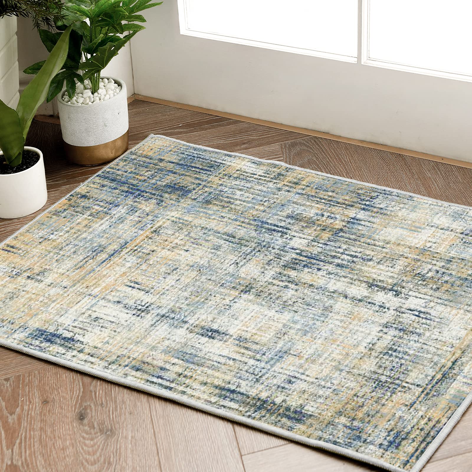 JINCHAN 2x3 Modern Abstract Area Rug - Navy Blue Multi Print Foldable Thin Rug, Overdyed Distressed Design for Kitchen, Bathroom, Entryway & Living Room | Non-Slip Floor Mat for Home Decor