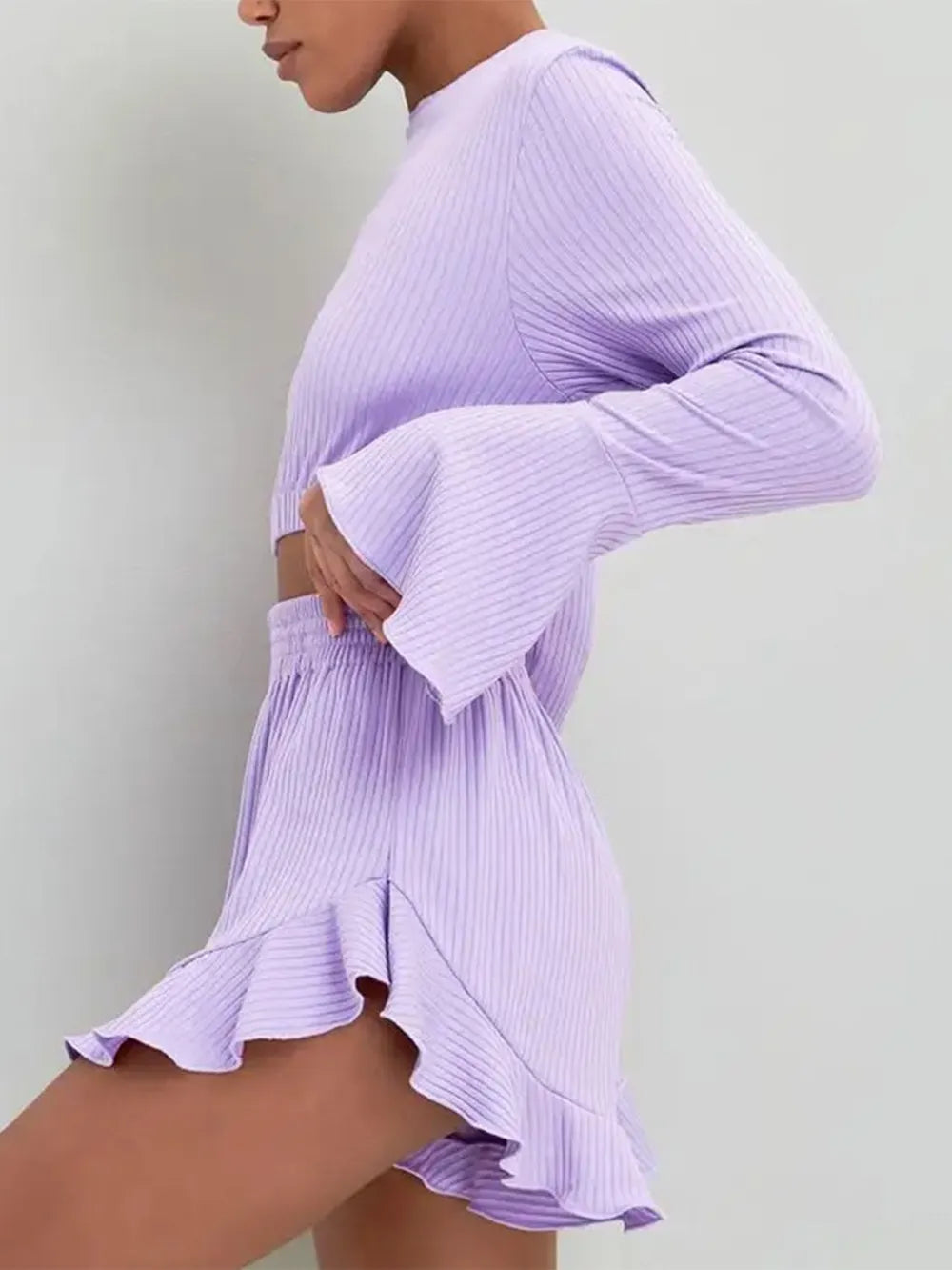 Stylish Long Sleeve Top & Ruffled Shorts Set for Women | Summer Resort Outfit | Beach Vacation, Poolside Lounge, Tropical Getaway
