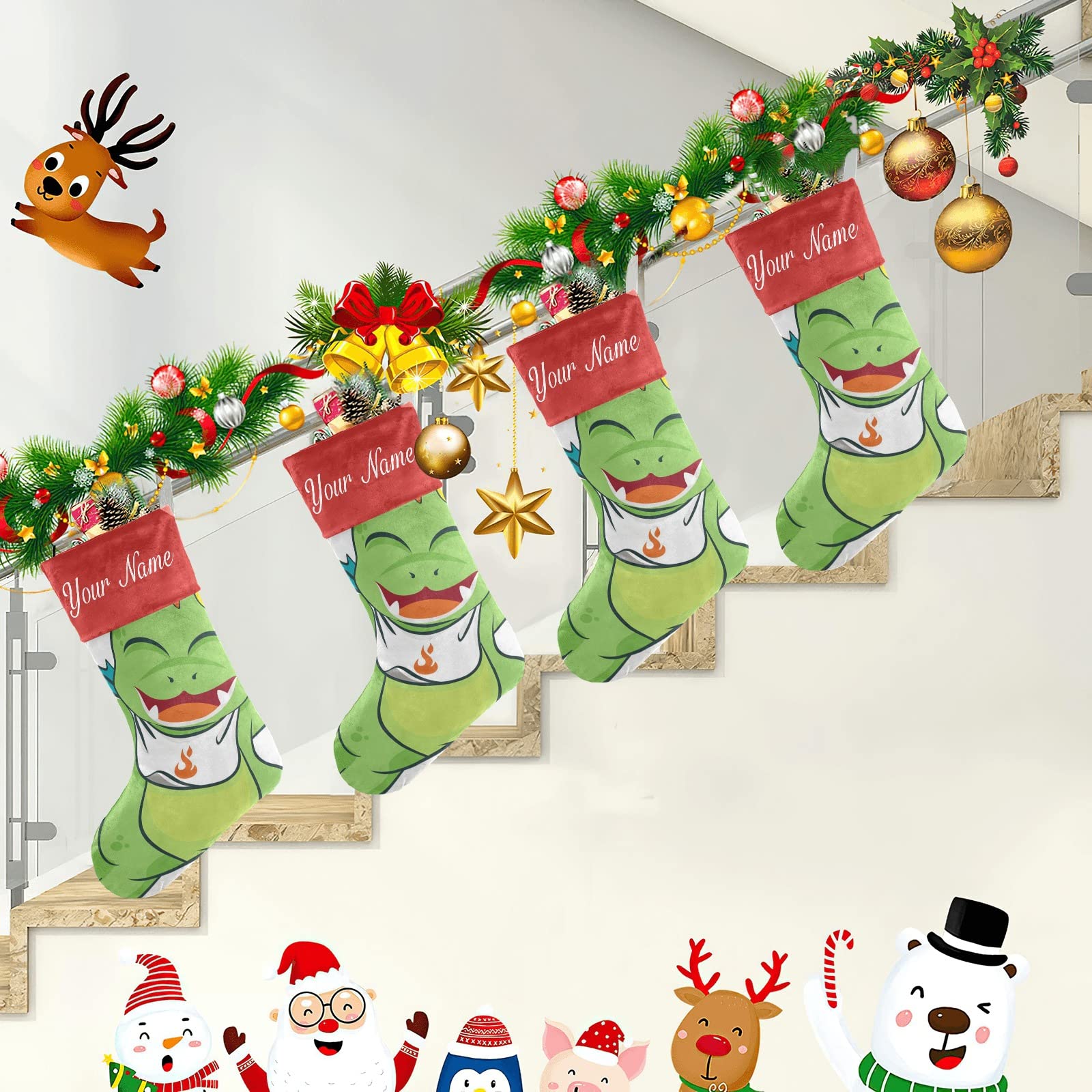 Personalized Christmas Stocking with Little Green Dragons Monster Design - Custom Name Socks for Xmas Tree & Fireplace Hanging Decoration - 17.52 Inch Festive Holiday Home Decor for Kids' Bedroom or Living Room