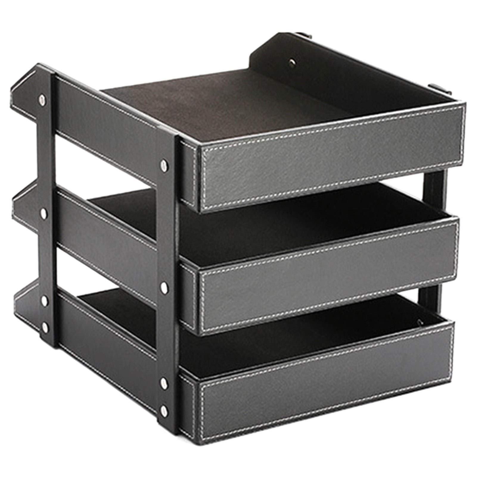 3-Tier PU Leather Desk Organizer - File Tray Rack for Office Supplies, Documents & Magazines | Black Paper Storage Shelf for Home & Office Workspace