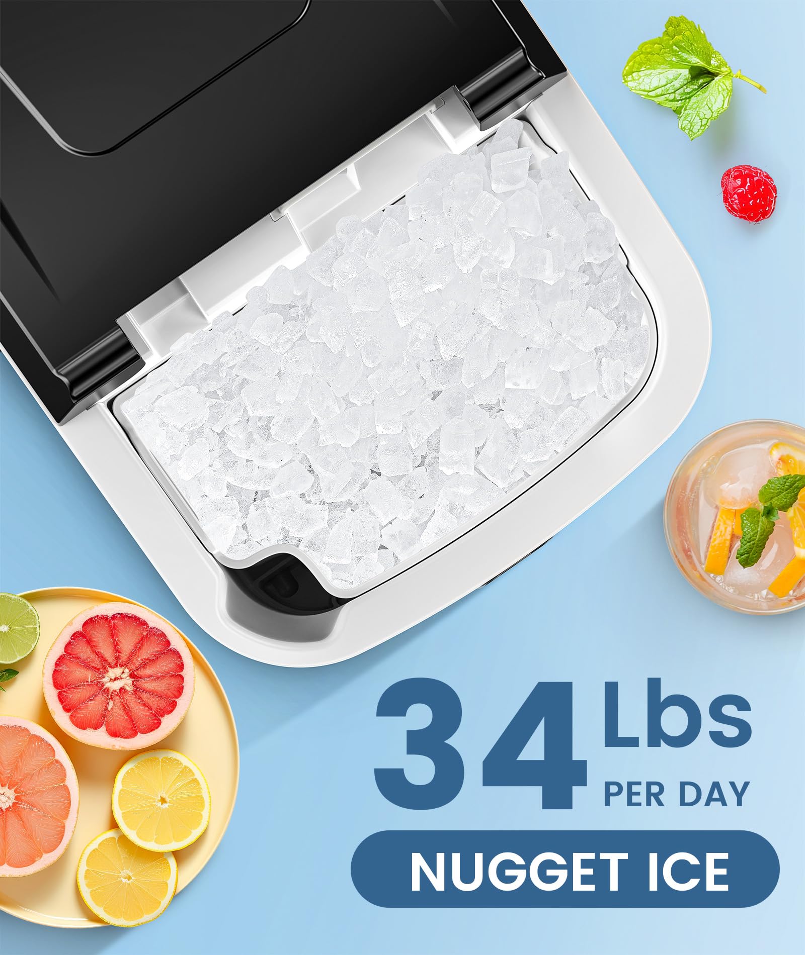 COWSAR Countertop Nugget Ice Maker - 34Lbs/24H Pellet Ice Machine with Self-Cleaning & One-Click Operation, Soft Chewable Pebble Ice for Home, Kitchen, RV, Camping - Perfect for Cocktails, Sodas, and Outdoor Adventures