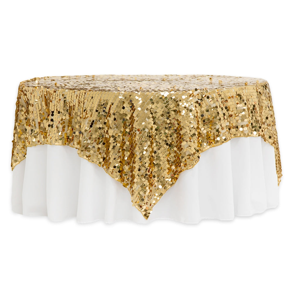 Large 90x90 Inch Gold Sequin Table Overlay Topper - Elegant Square Tablecloth for Weddings, Parties, and Special Events