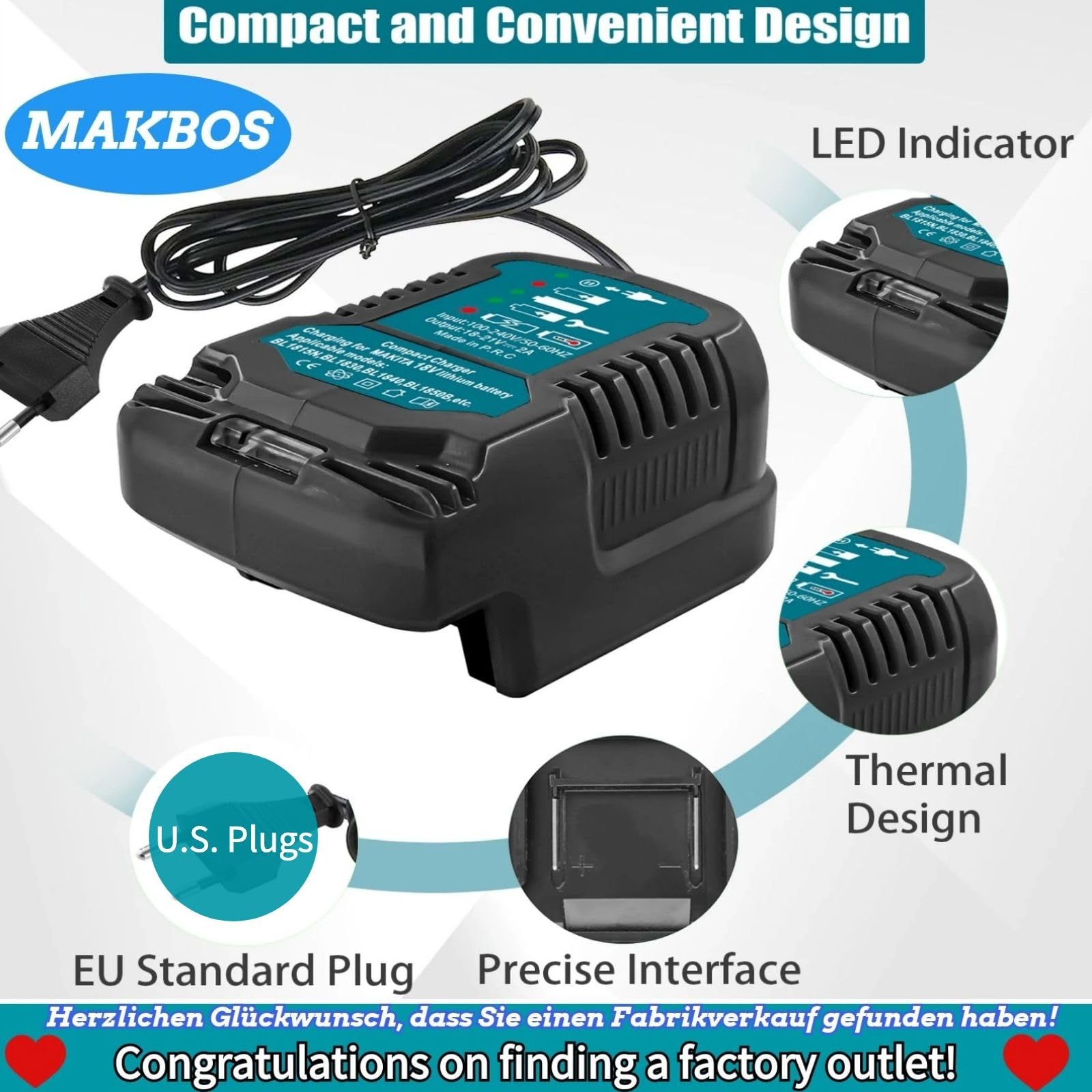 Makita 18V BL1850B BL1860 BL1830 BL1815 Battery Charger Replacement - DC18RC 18V Fast Charger, Compact Portable Power Tool Charger (For 18V Batteries Only) - Ideal for Construction Sites, DIY Projects & Home Workshops