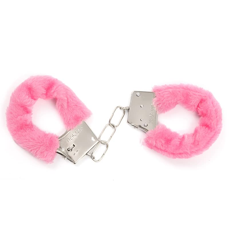 Adjustable Furry Handcuffs & Ankle Cuffs Set with Keys - Stainless Steel Bondage Restraints for Couples, SM Fetish Toys, Cosplay & Role Play (Pink) - Perfect for Bedroom Play, BDSM Scenes & Costume Parties