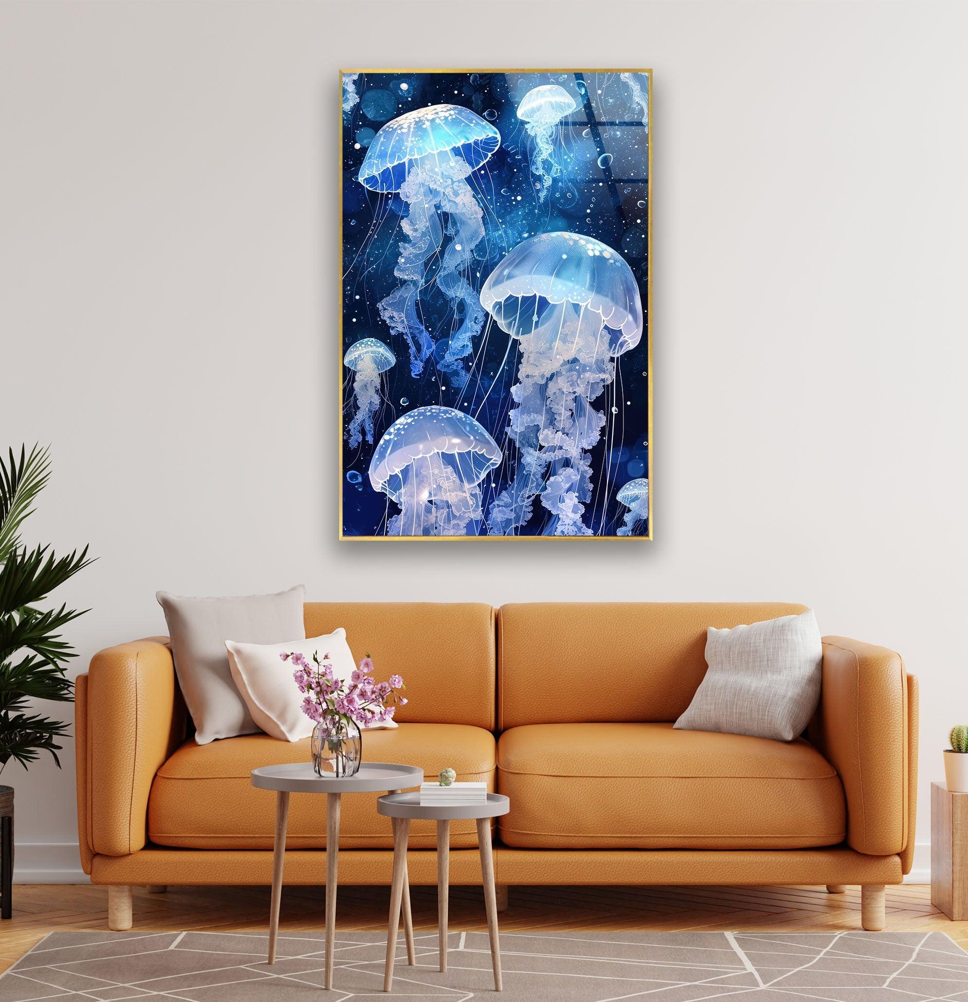 Arctic Jellyfish Glass Wall Art - Handmade Ocean-Themed Home Decor for Living Room, Bedroom & Office - Unique Sea Creature Wall Hanging for Coastal & Modern Interior Design
