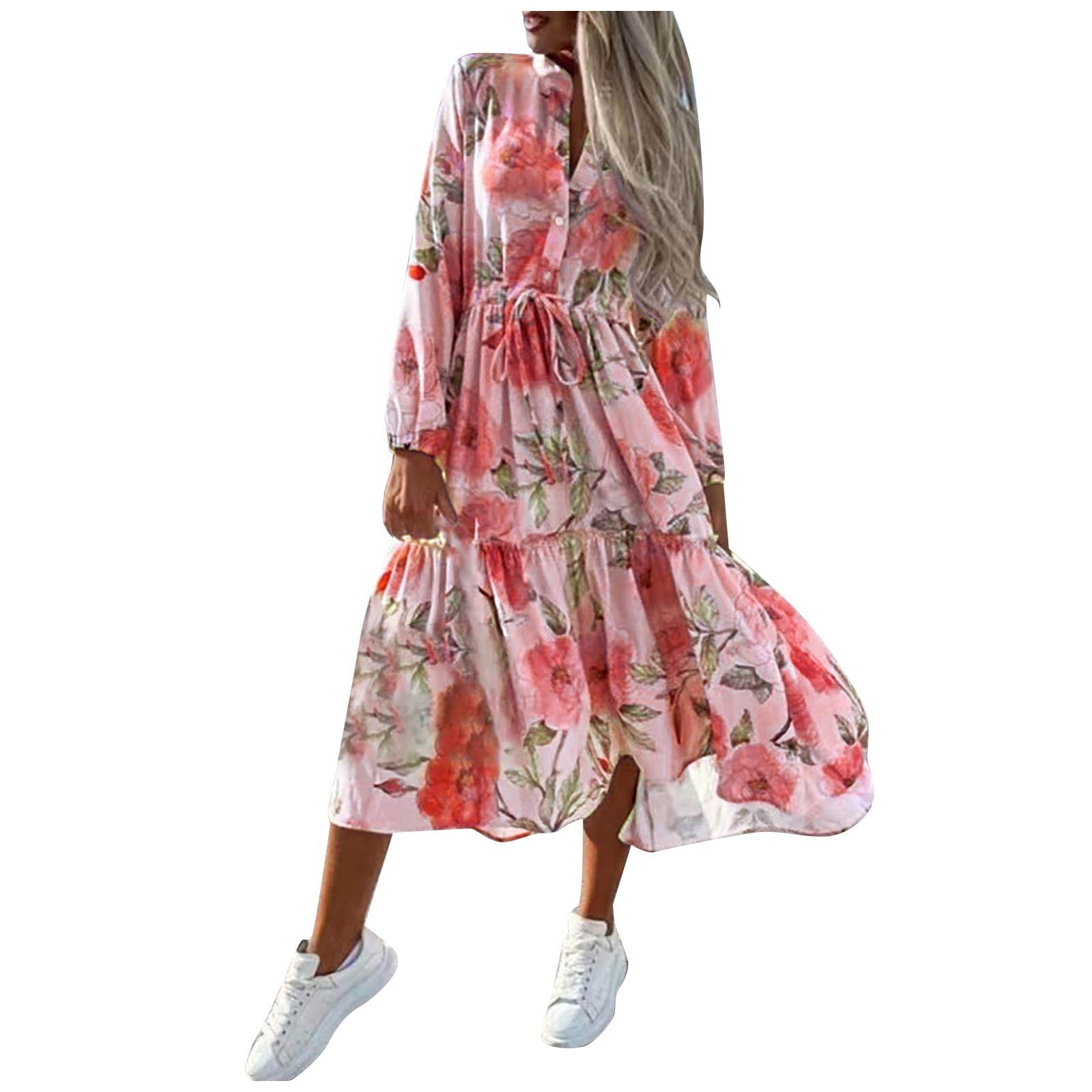Women's Summer Dresses - Floral Printed Loose Fit Long Sleeve Swing Dress | Breathable & Comfortable Casual Maxi Dress for Beach, Vacation & Everyday Wear