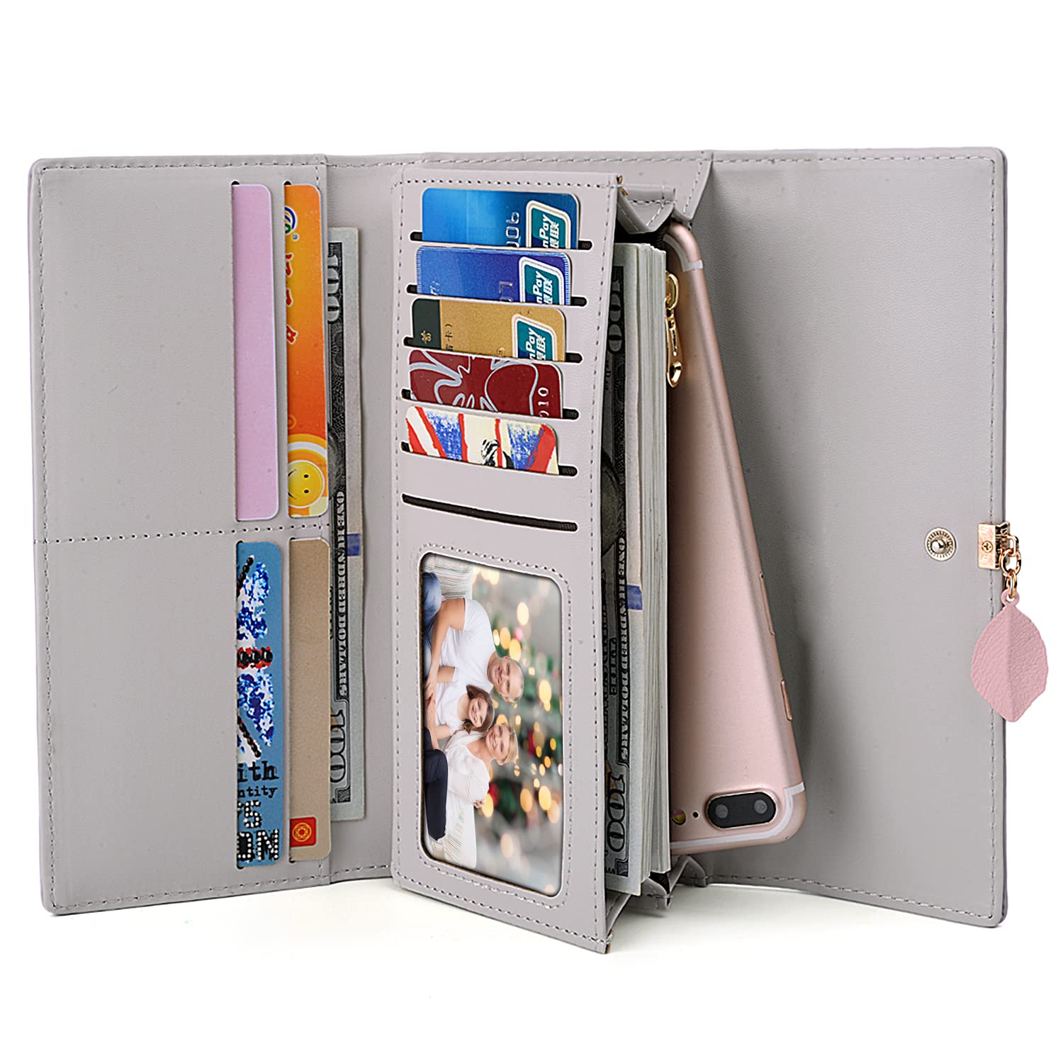UTO RFID Blocking Wallet for Women - PU Leather Leaf Pendant Card Holder with Zipper Coin Purse | Phone & Checkbook Organizer | Perfect for Travel, Shopping & Everyday Use
