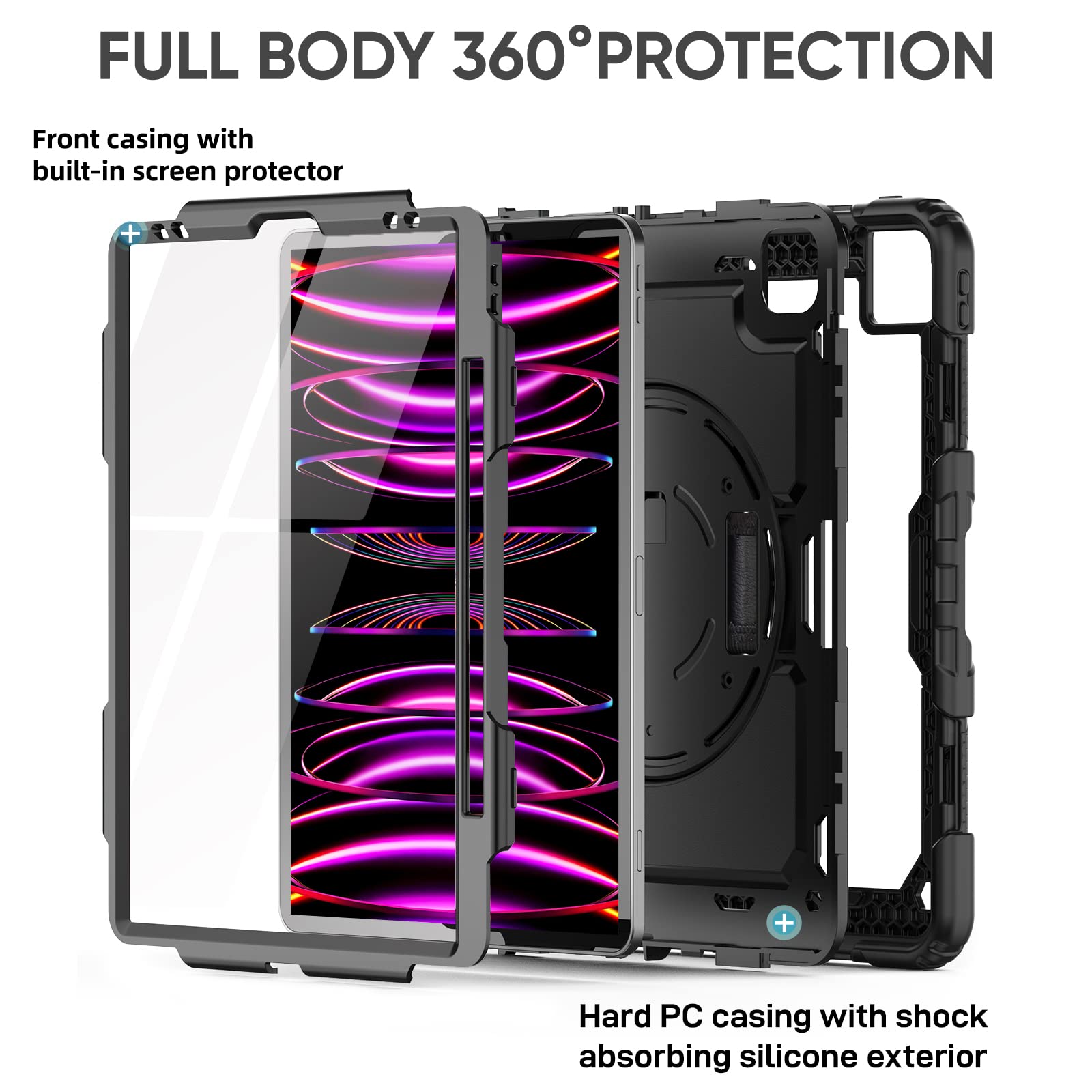 Timecity Protective Case for iPad Pro 12.9 (6th/5th/4th/3rd Gen 2022-2018) with Screen Protector, Rotating Stand & Hand/Shoulder Strap - Supports Apple Pencil 2 Charging - Black | Perfect for Work, Travel & Home Use