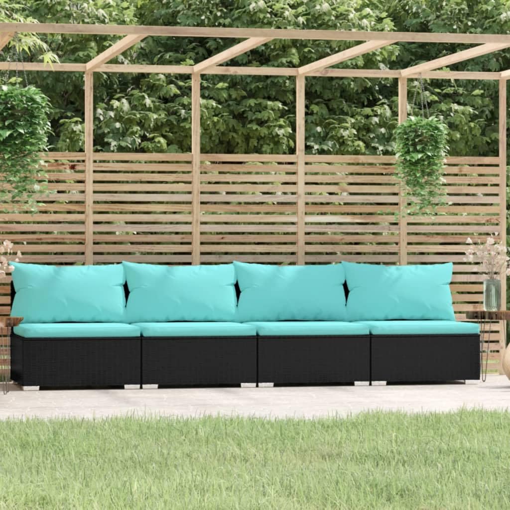 Premium Black Poly Rattan Patio Furniture Set with Blue Cushions - 4-Piece Outdoor Seating for Garden, Deck, or Poolside Relaxation