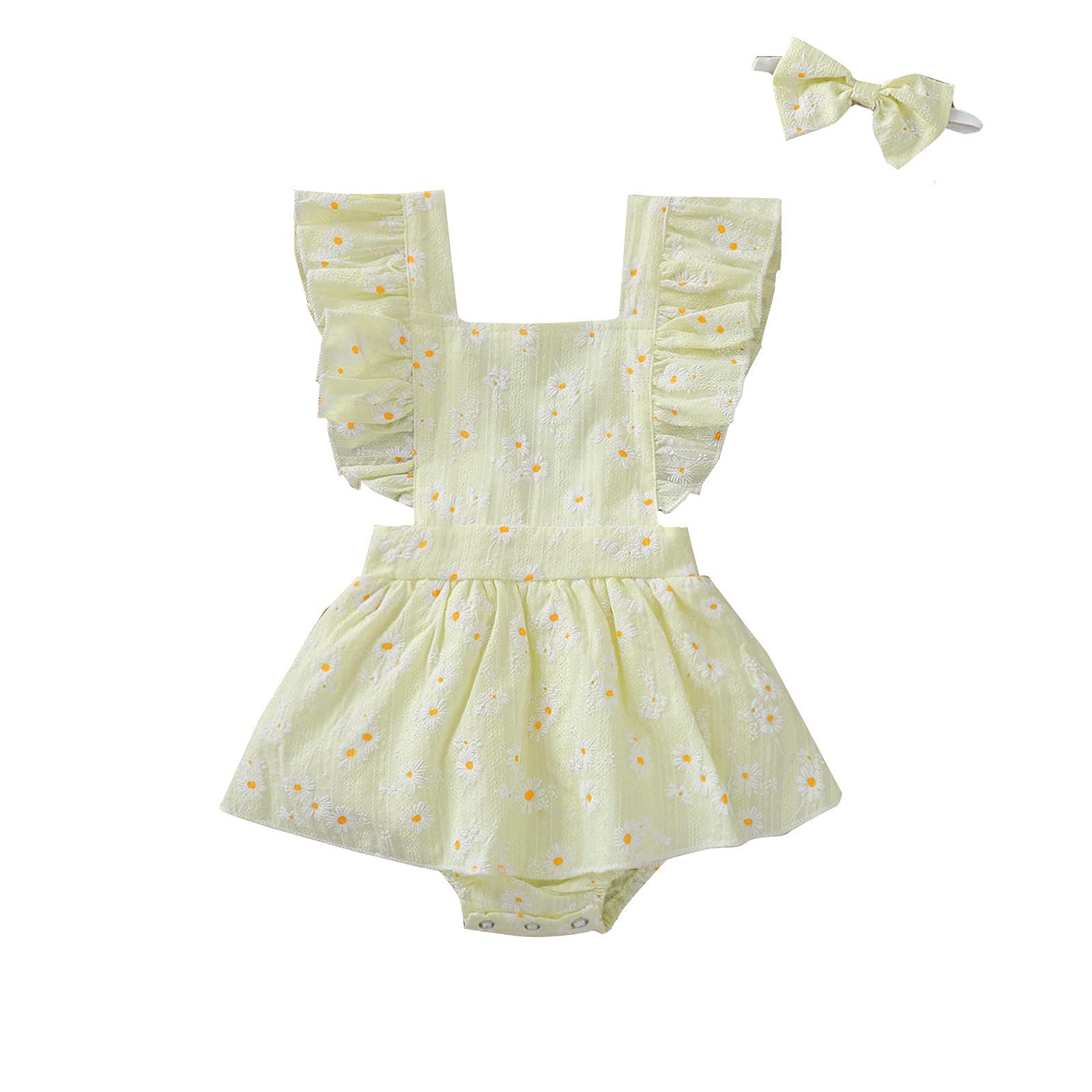 Newborn Baby Girls Ruffle Romper Jumpsuit - Soft Cotton Bodysuit with Square Neck & Headband - Cute Summer Outfit for Photos, Parties & Daily Wear