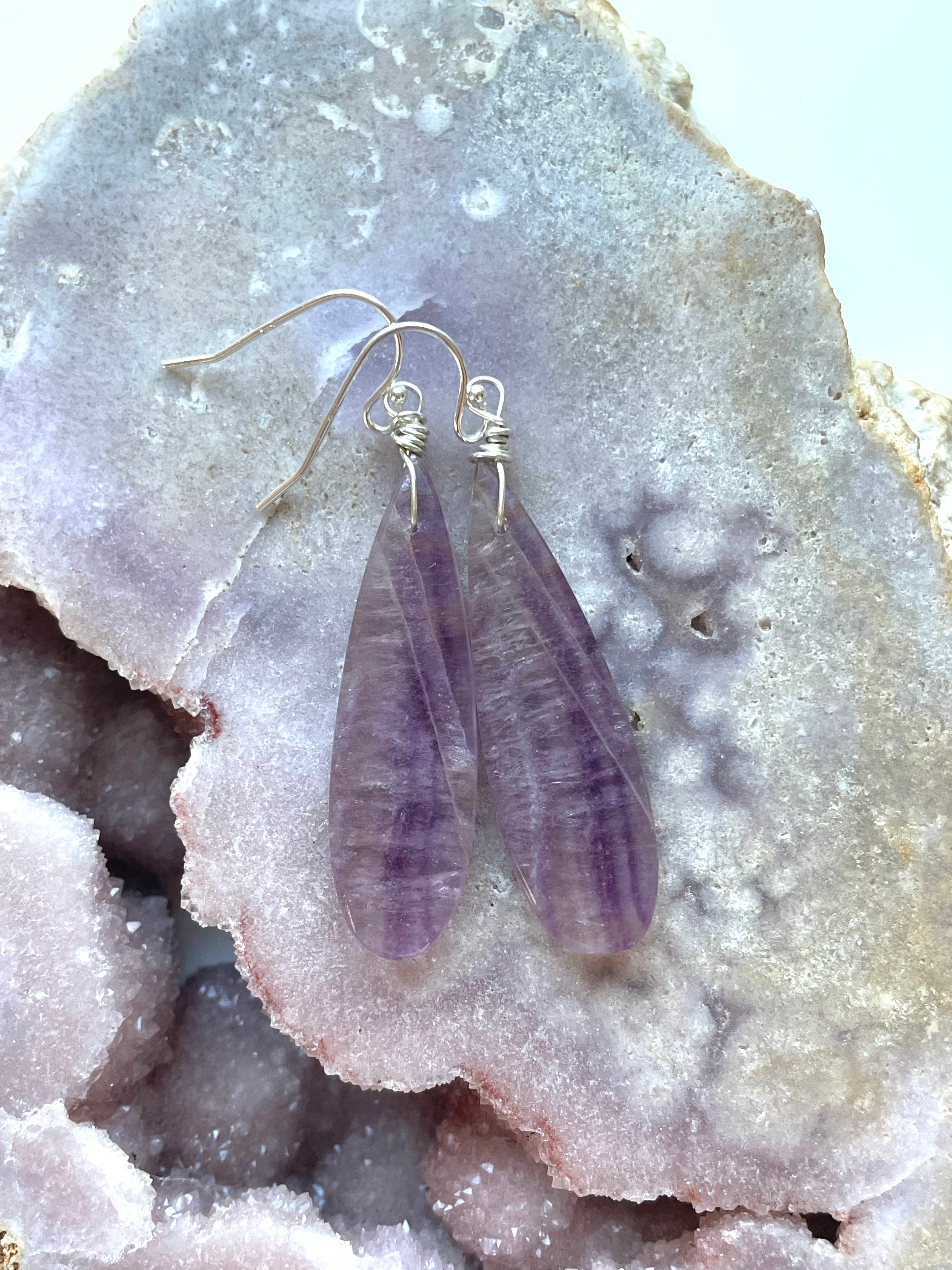 Natural Purple Fluorite Earrings for Women - 925 Sterling Silver Dangle Earrings - Healing Crystal Jewelry for Meditation & Energy Balance