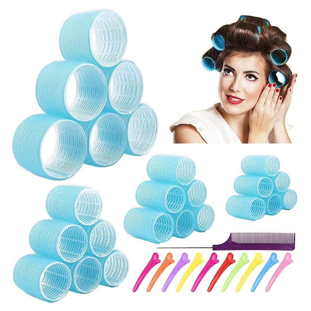 SIYAA Jumbo Hair Rollers Set - 12 Pack No Heat Curlers for Long Hair with Clips & Comb (Blue) | Heatless Overnight Curling for Natural Waves & Voluminous Styles