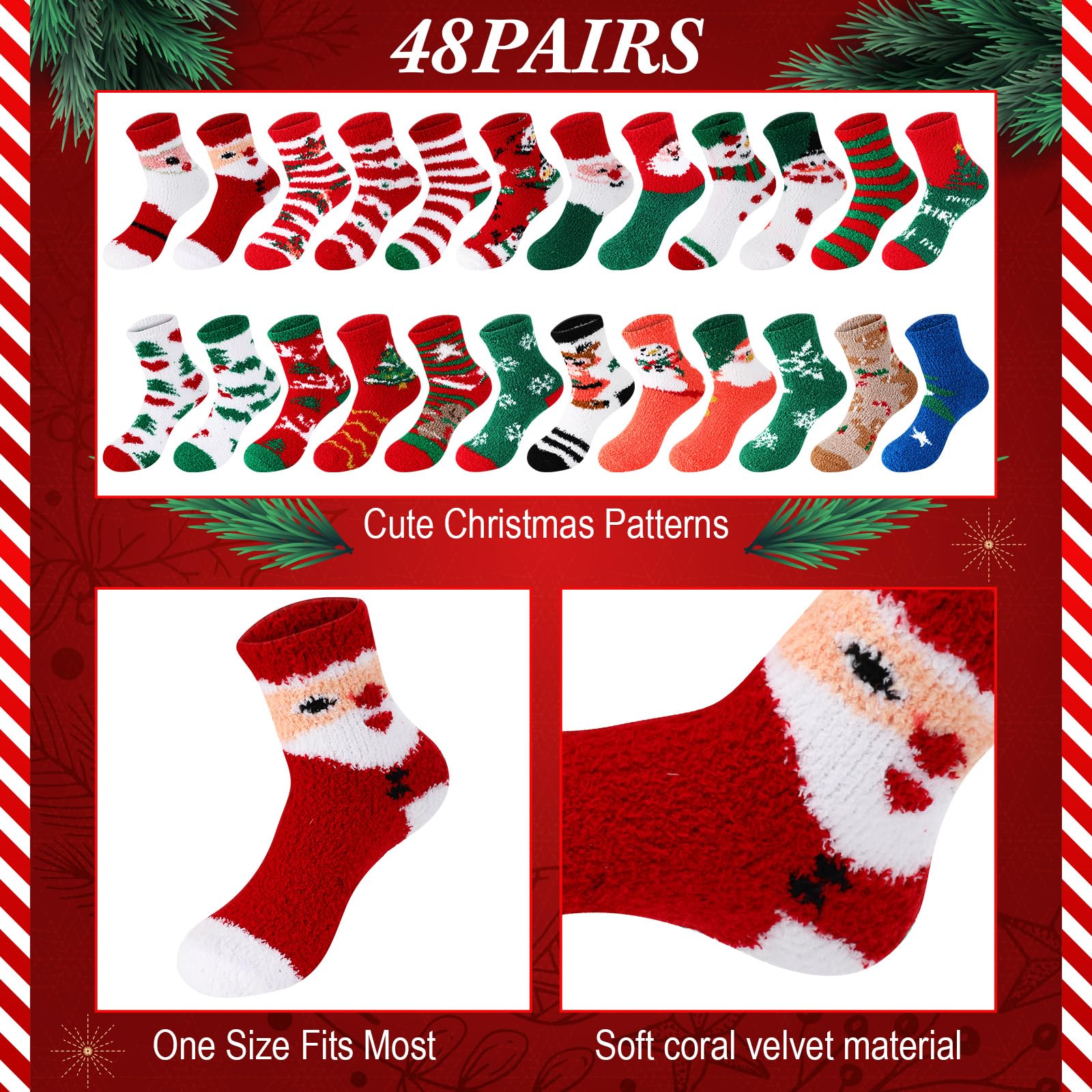 Suhine 48 Pairs Christmas Fuzzy Socks - Colorful Cozy Fluffy Holiday Socks for Women & Kids - Warm Winter Slipper Socks for Gifts, Stocking Stuffers & Family Matching Outfits
